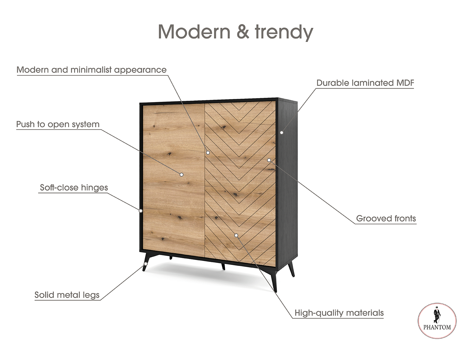 Diamond Dresser 104 Tall - Chest of Drawers with Two Push to Open System Door