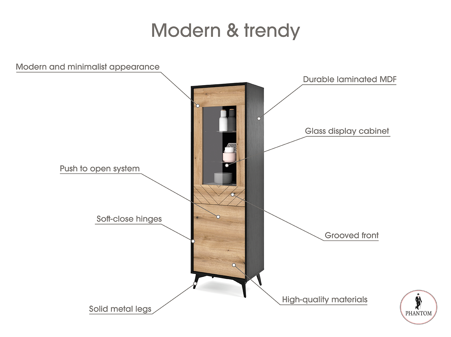 Diamond High Cabinet - Storage Cabinet with Glass Showcase and Two Doors