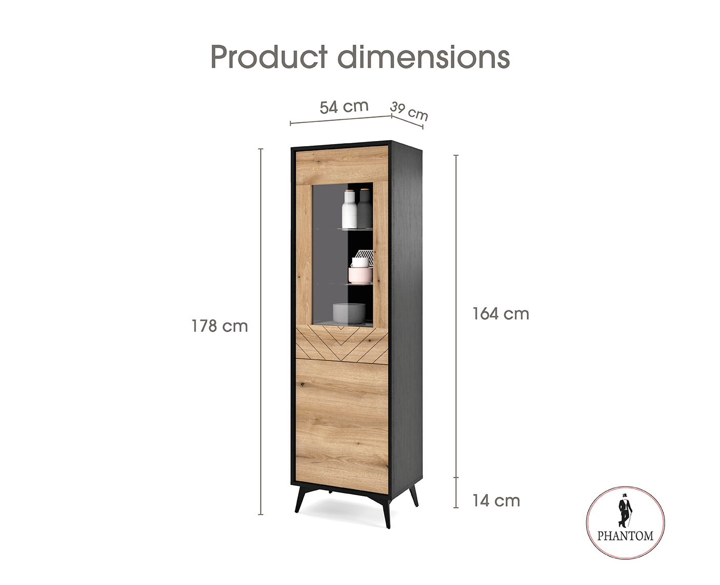 Diamond High Cabinet - Storage Cabinet with Glass Showcase and Two Doors