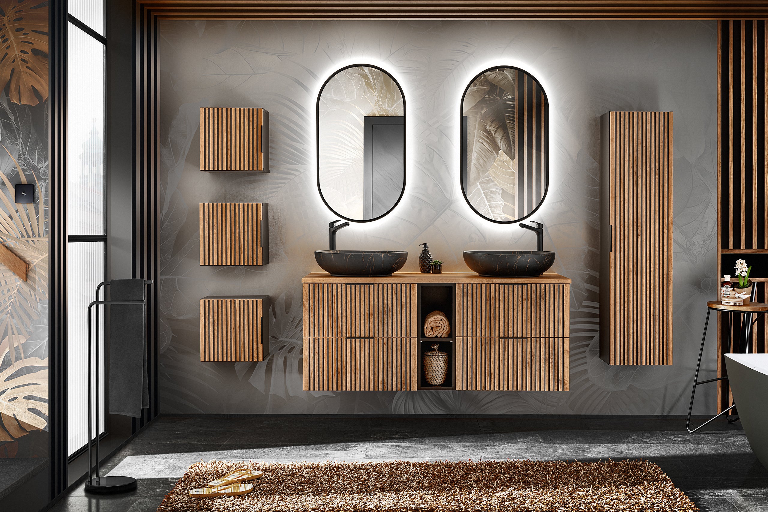 Qubik Wall Cabinet 35x35cm – Black Matt / Wotan Oak, 1 Door