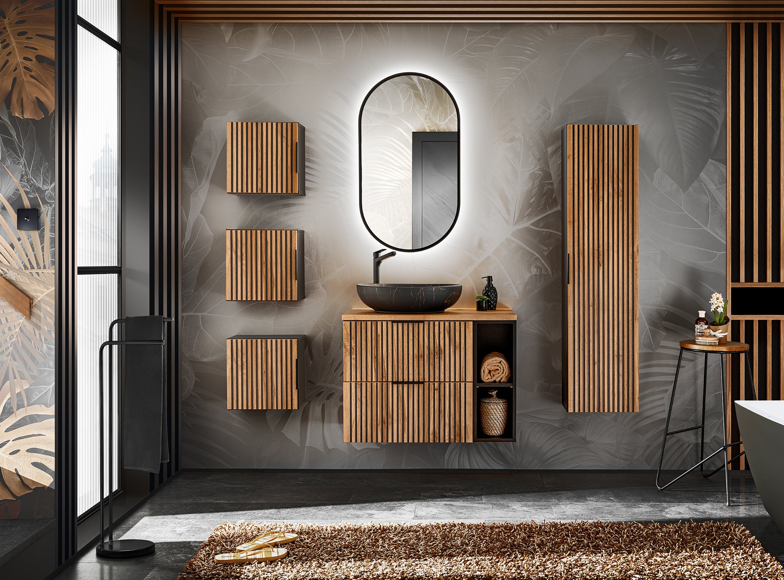 Qubik Wall Cabinet 35x35cm – Black Matt / Wotan Oak, 1 Door
