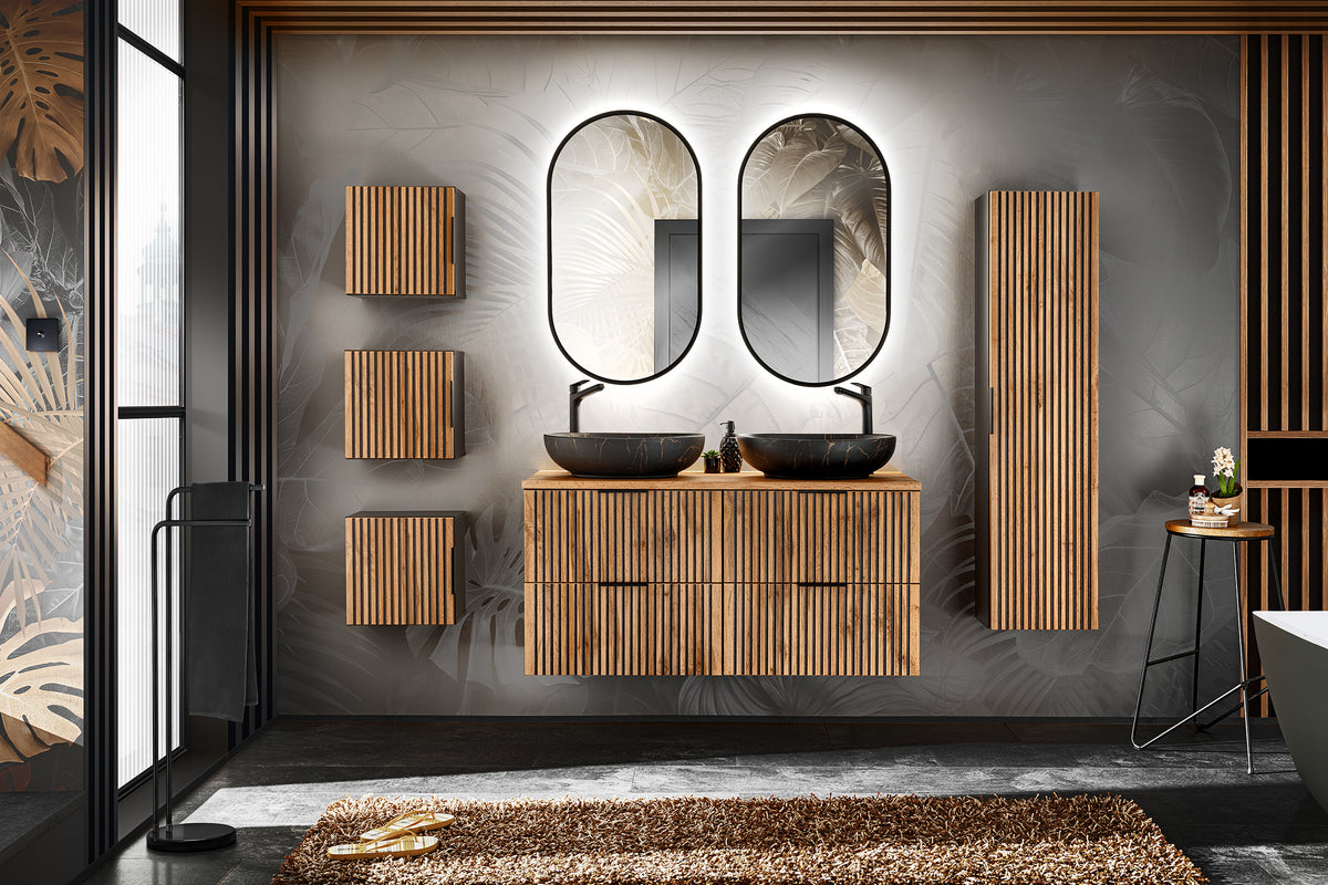 Qubik Wall Cabinet 35x35cm – Black Matt / Wotan Oak, 1 Door