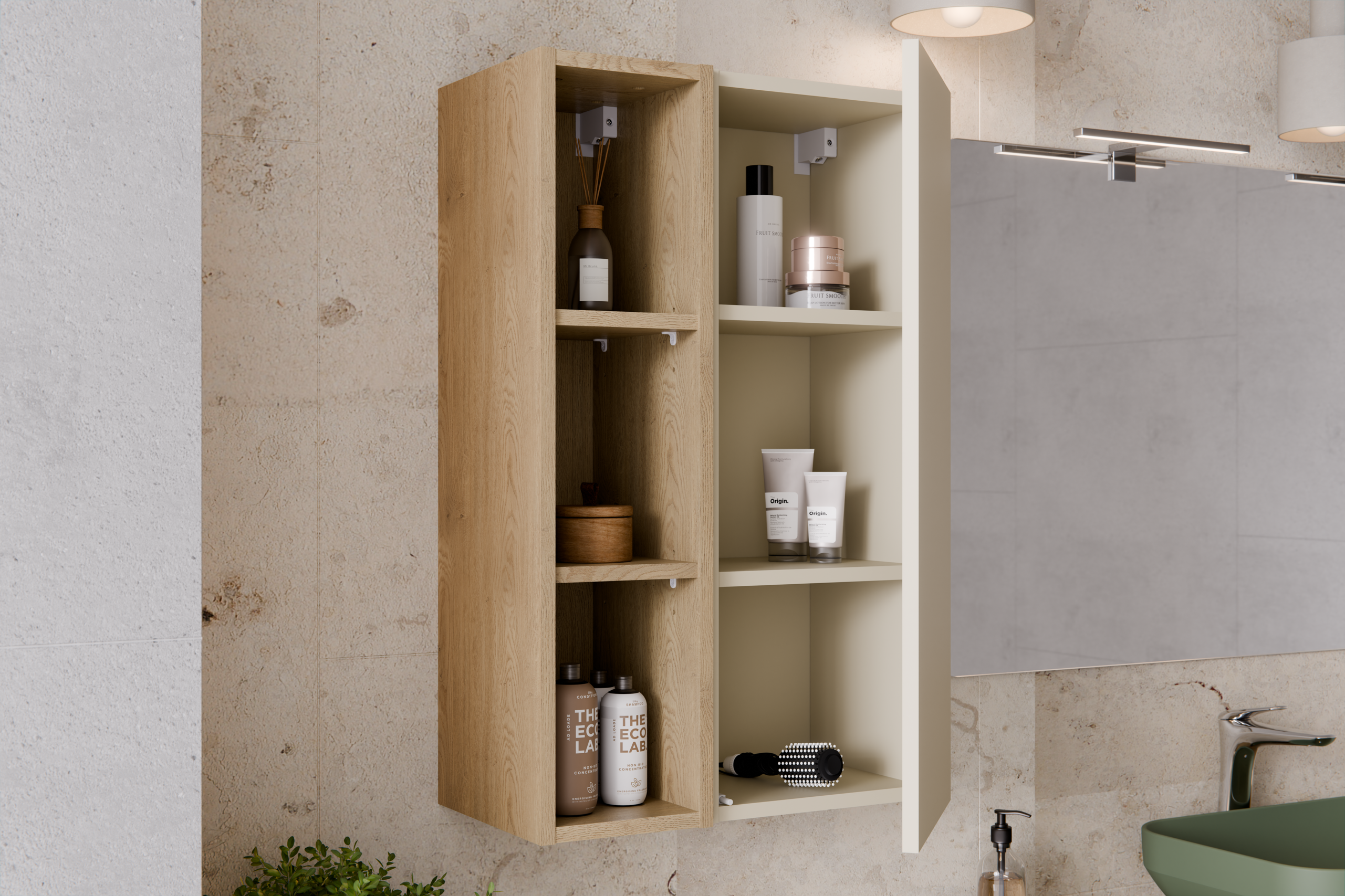 2× Dalia Cashmere Wall-Hung Cabinet 1 Door + 2× Cremona UN Open Shelf – Cashmere / Oak, Vertical Set