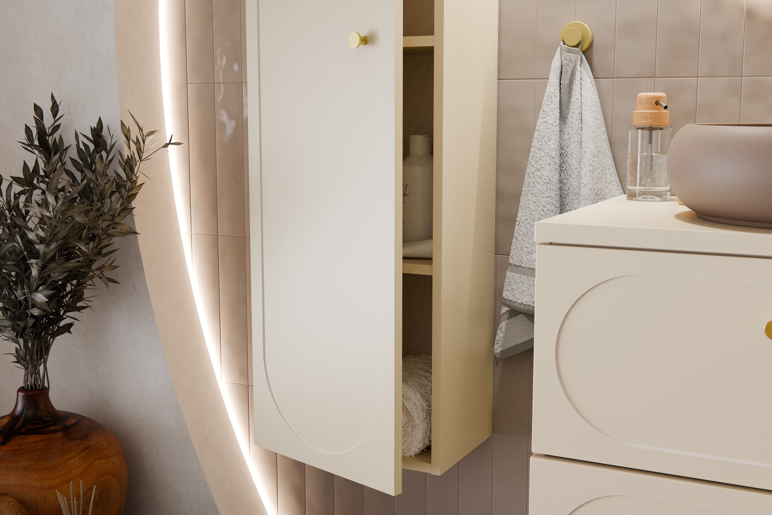 Donna Sand Tall Bathroom Cabinet 1 Door – Sand Beige, 35 cm