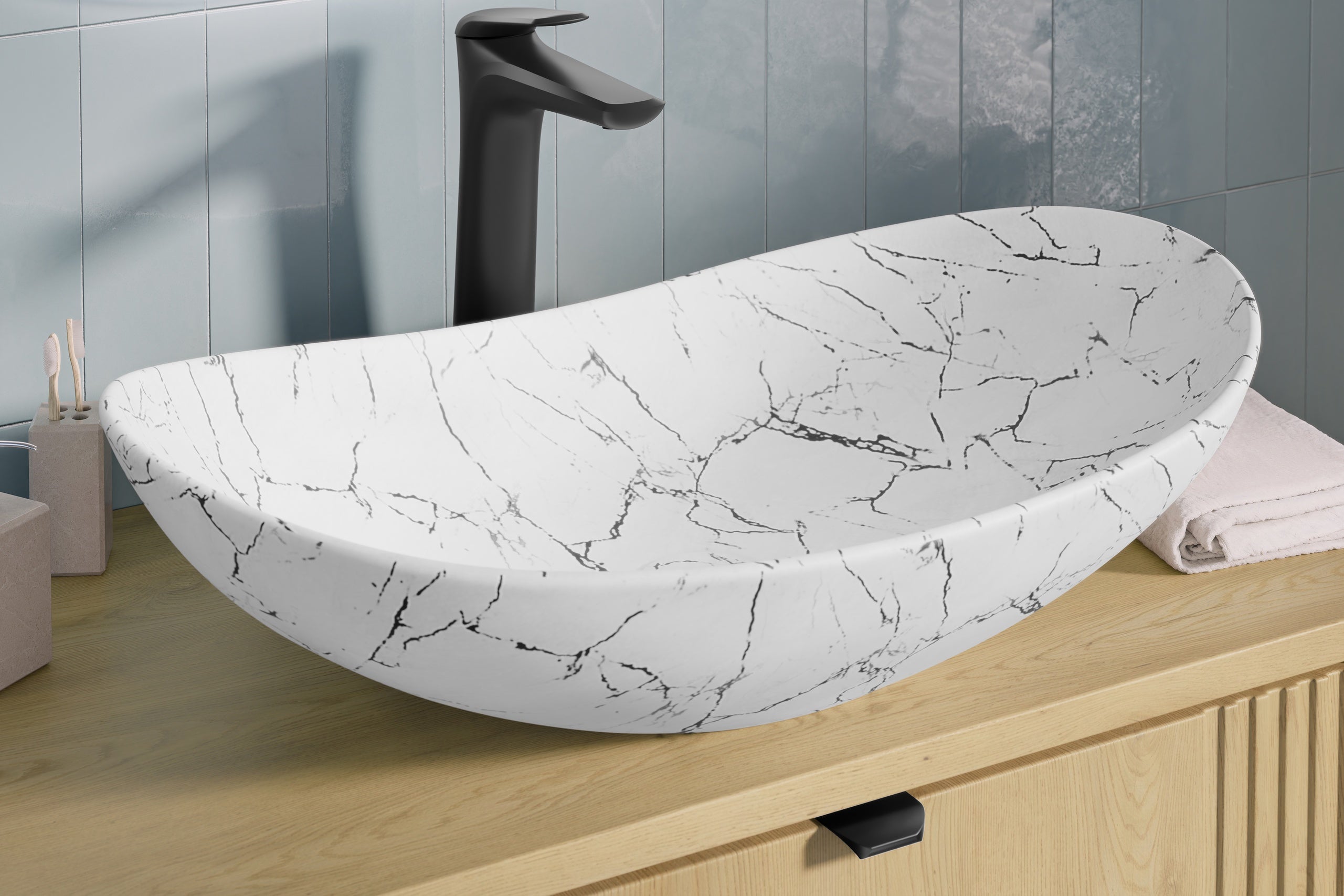 Lena Countertop Basin – Matt White Marble, 61.5 cm