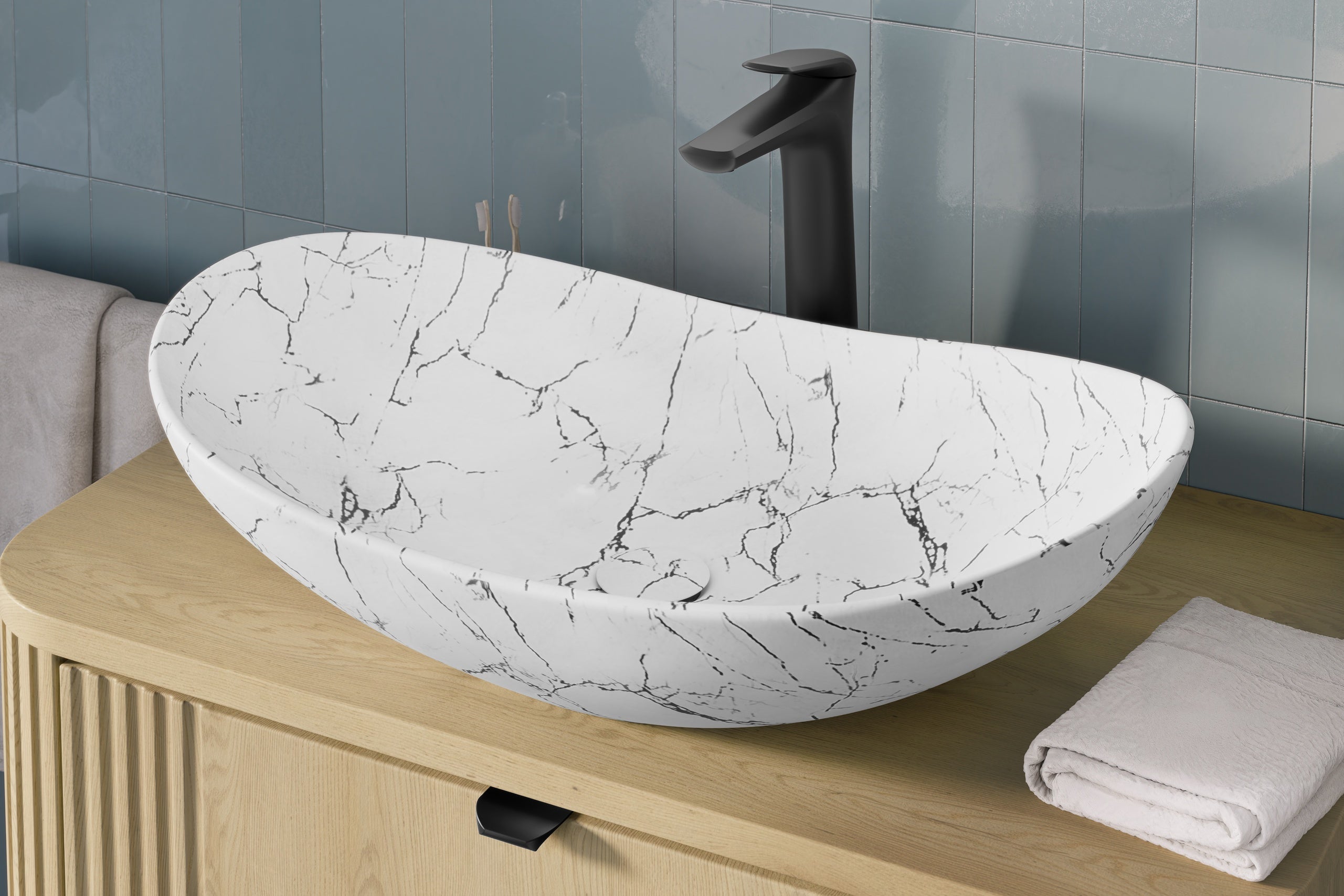 Lena Countertop Basin – Matt White Marble, 61.5 cm