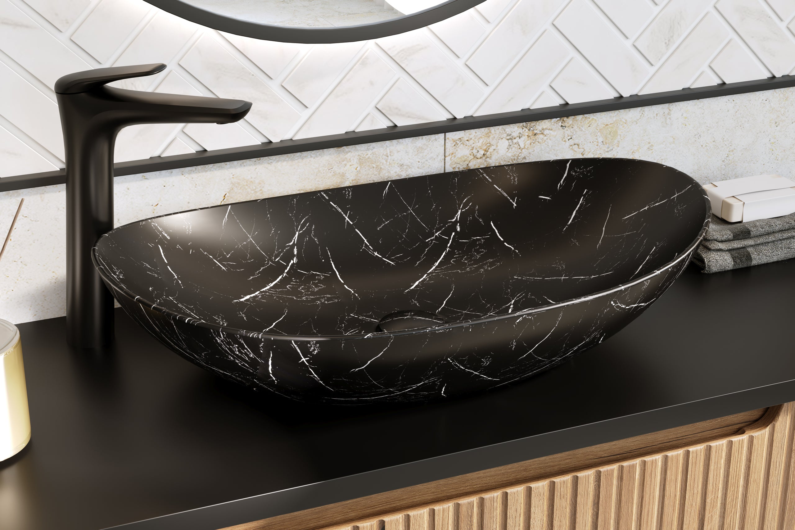 Lena Countertop Basin – Matt Black Marble, 61.5 cm