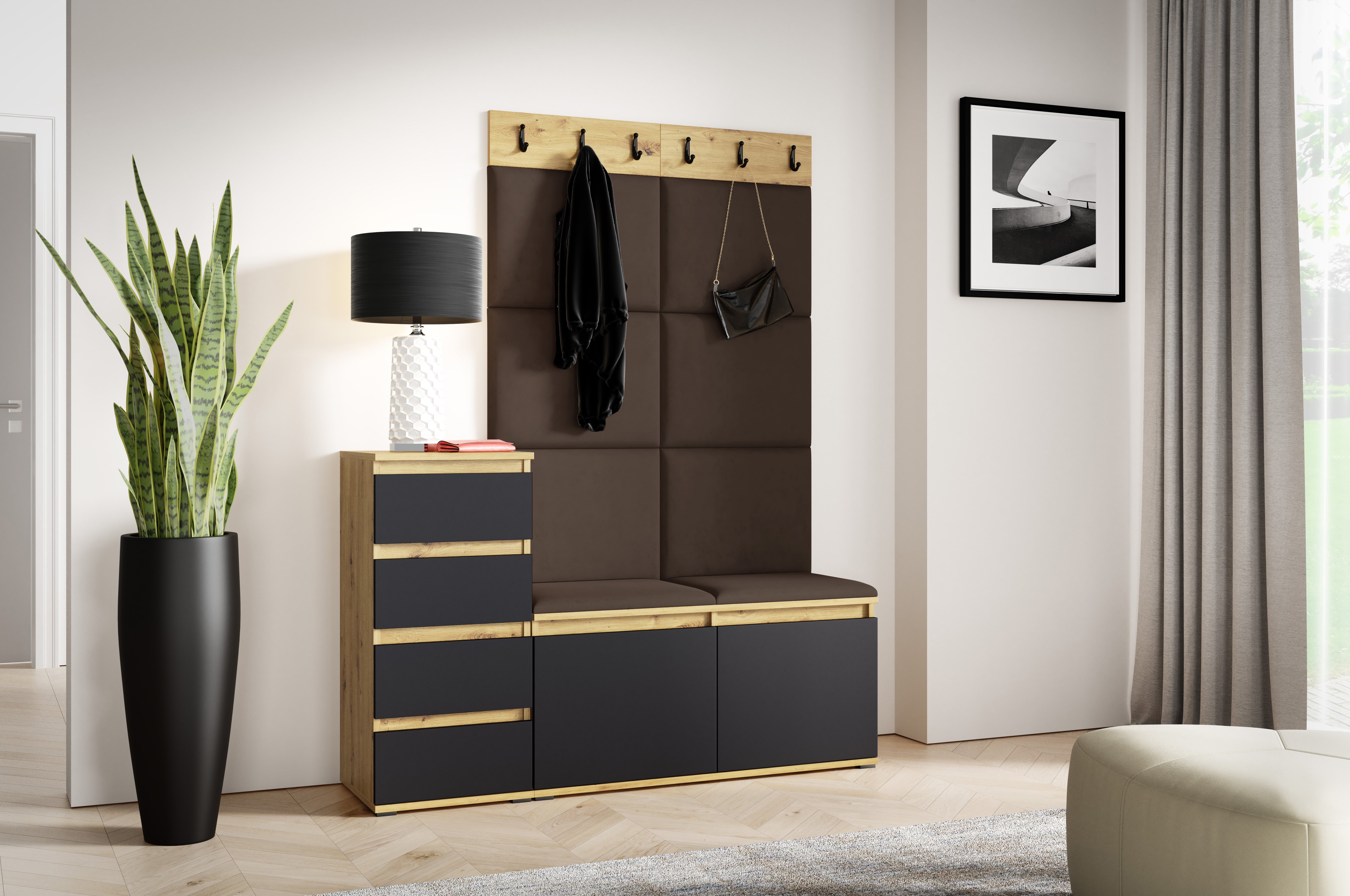 PK Emi 34 Hallway Wardrobe Aristan Oak\Black- Upholstered Panels in Various Colours