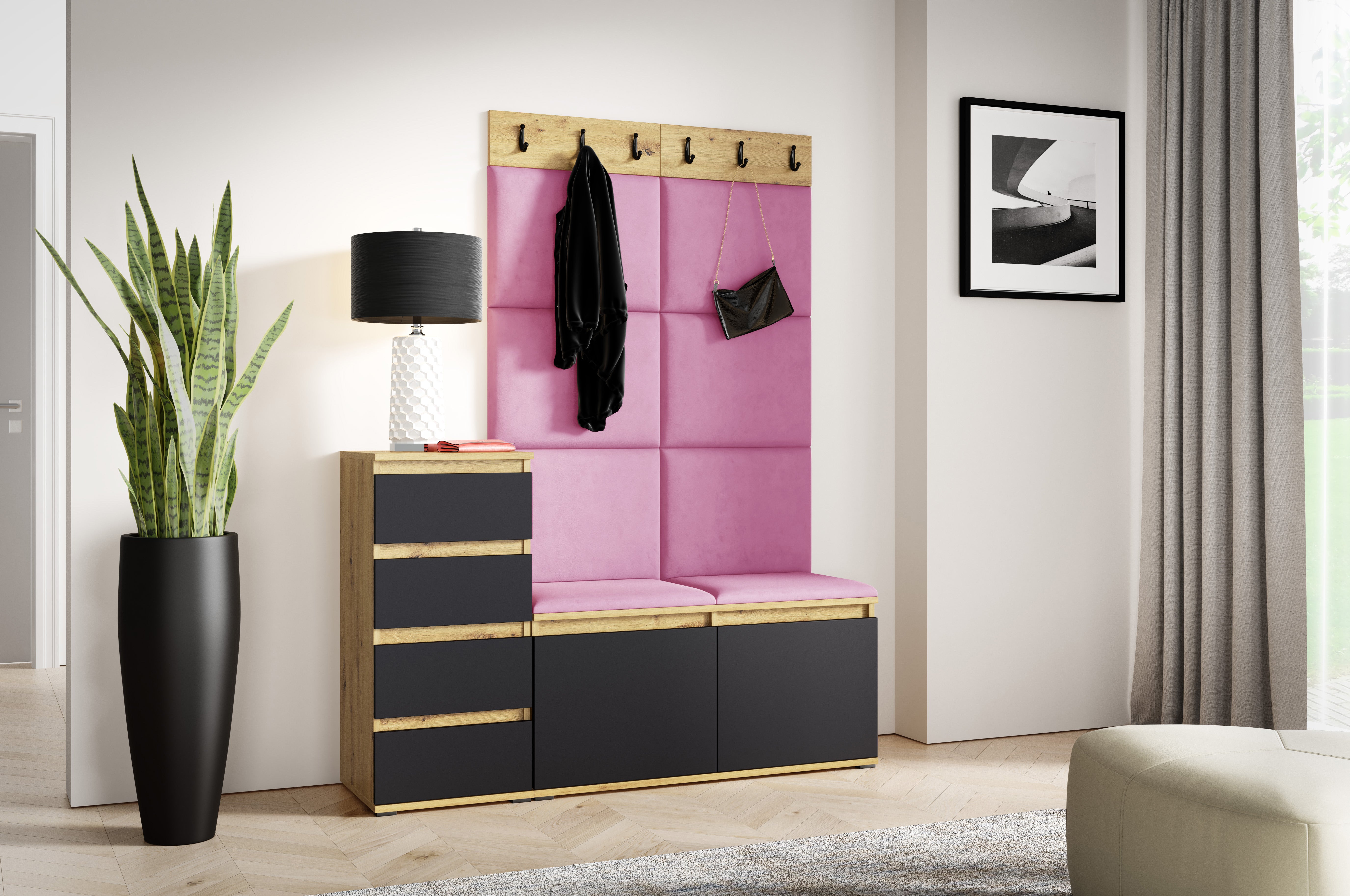 PK Emi 34 Hallway Wardrobe Aristan Oak\Black- Upholstered Panels in Various Colours