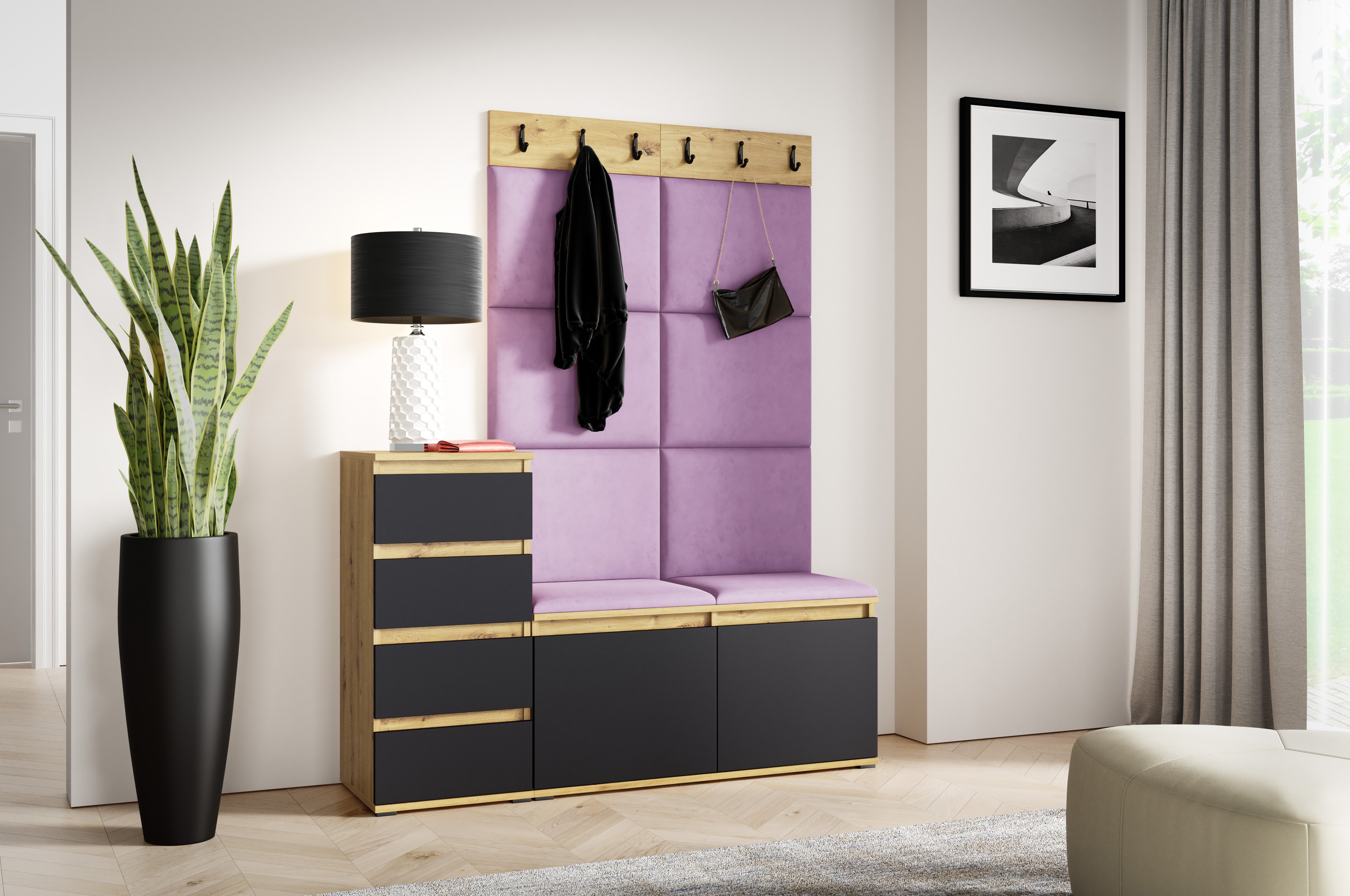 PK Emi 34 Hallway Wardrobe Aristan Oak\Black- Upholstered Panels in Various Colours