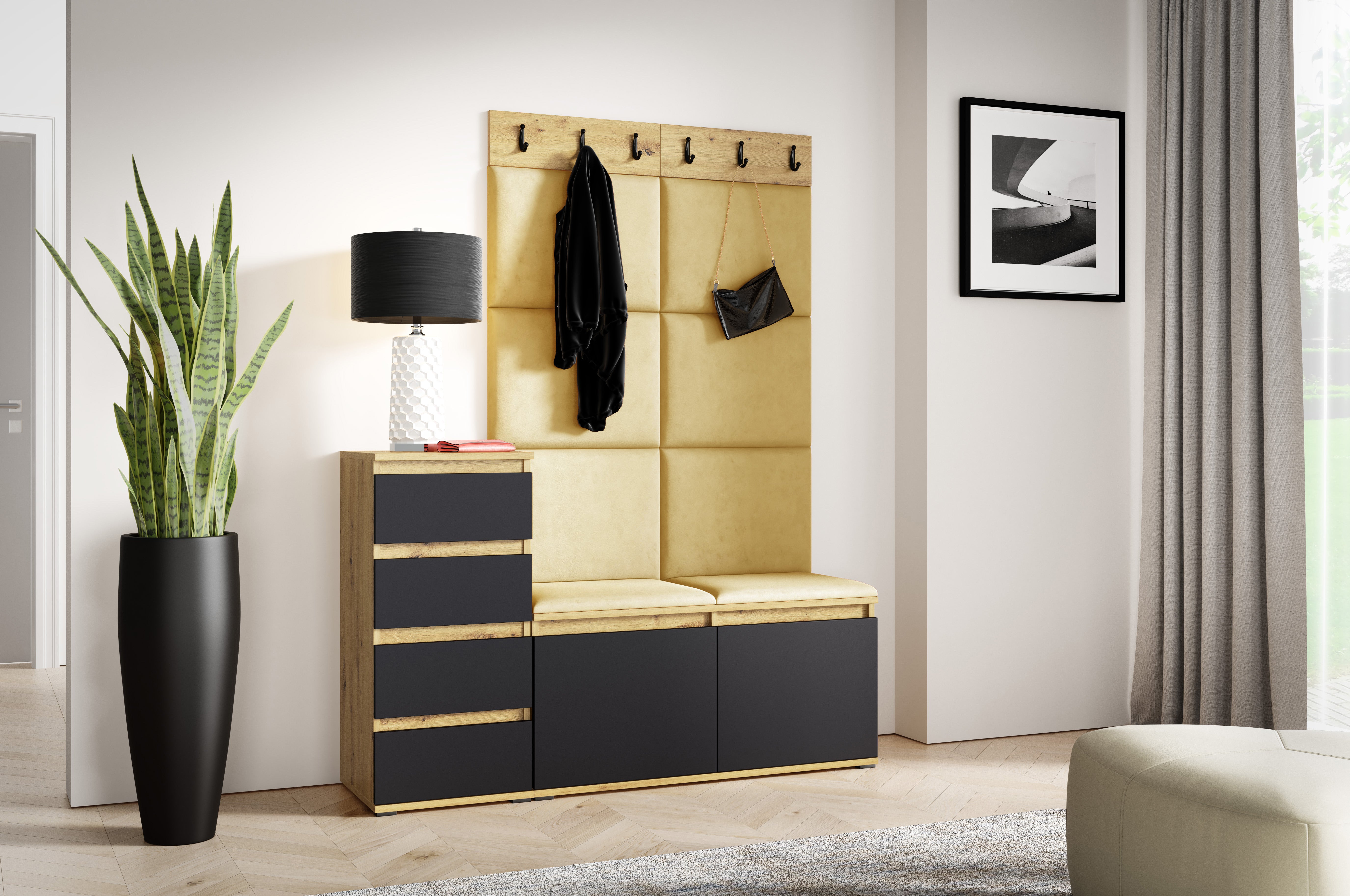PK Emi 34 Hallway Wardrobe Aristan Oak\Black- Upholstered Panels in Various Colours