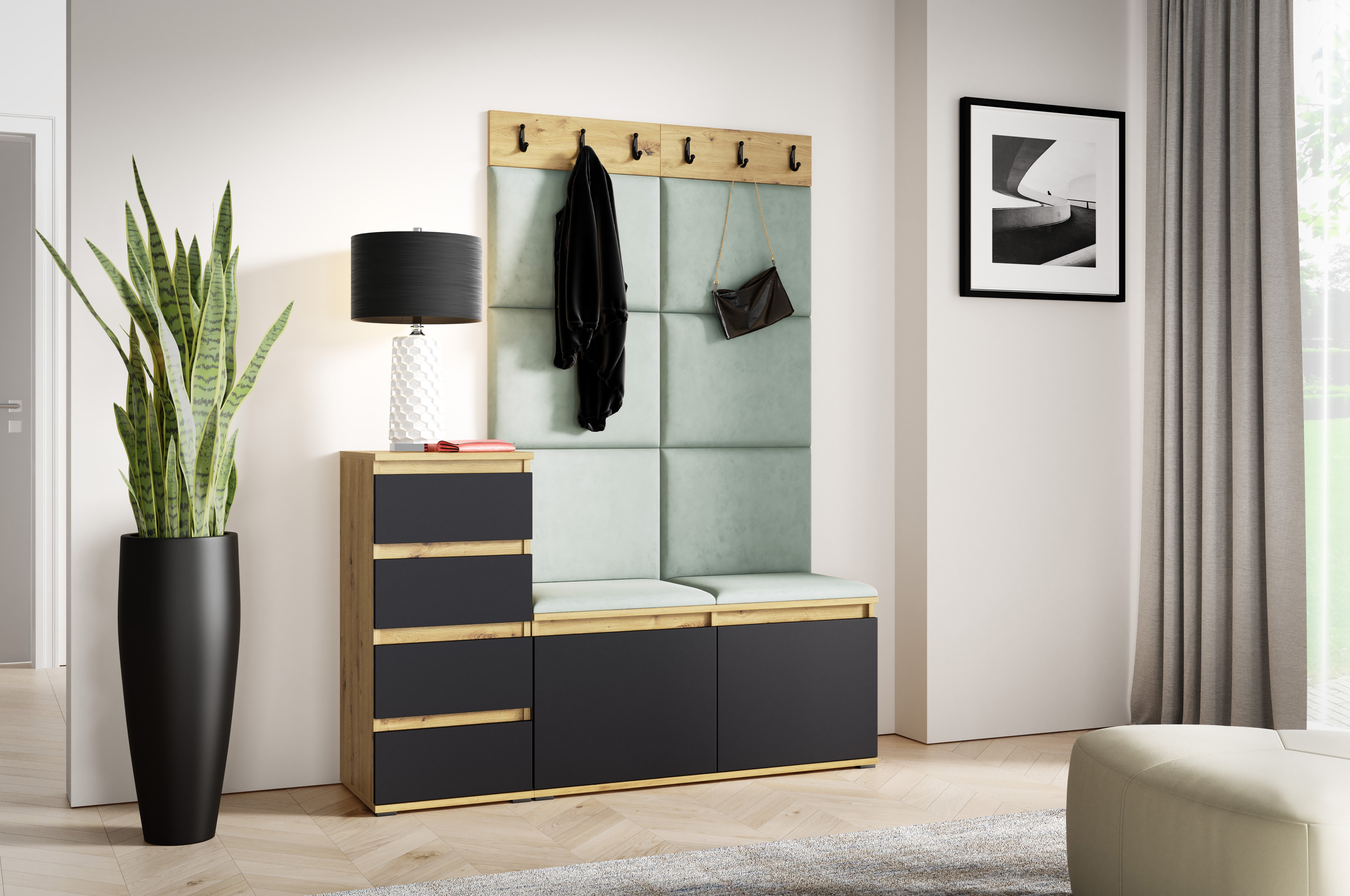 PK Emi 34 Hallway Wardrobe Aristan Oak\Black- Upholstered Panels in Various Colours