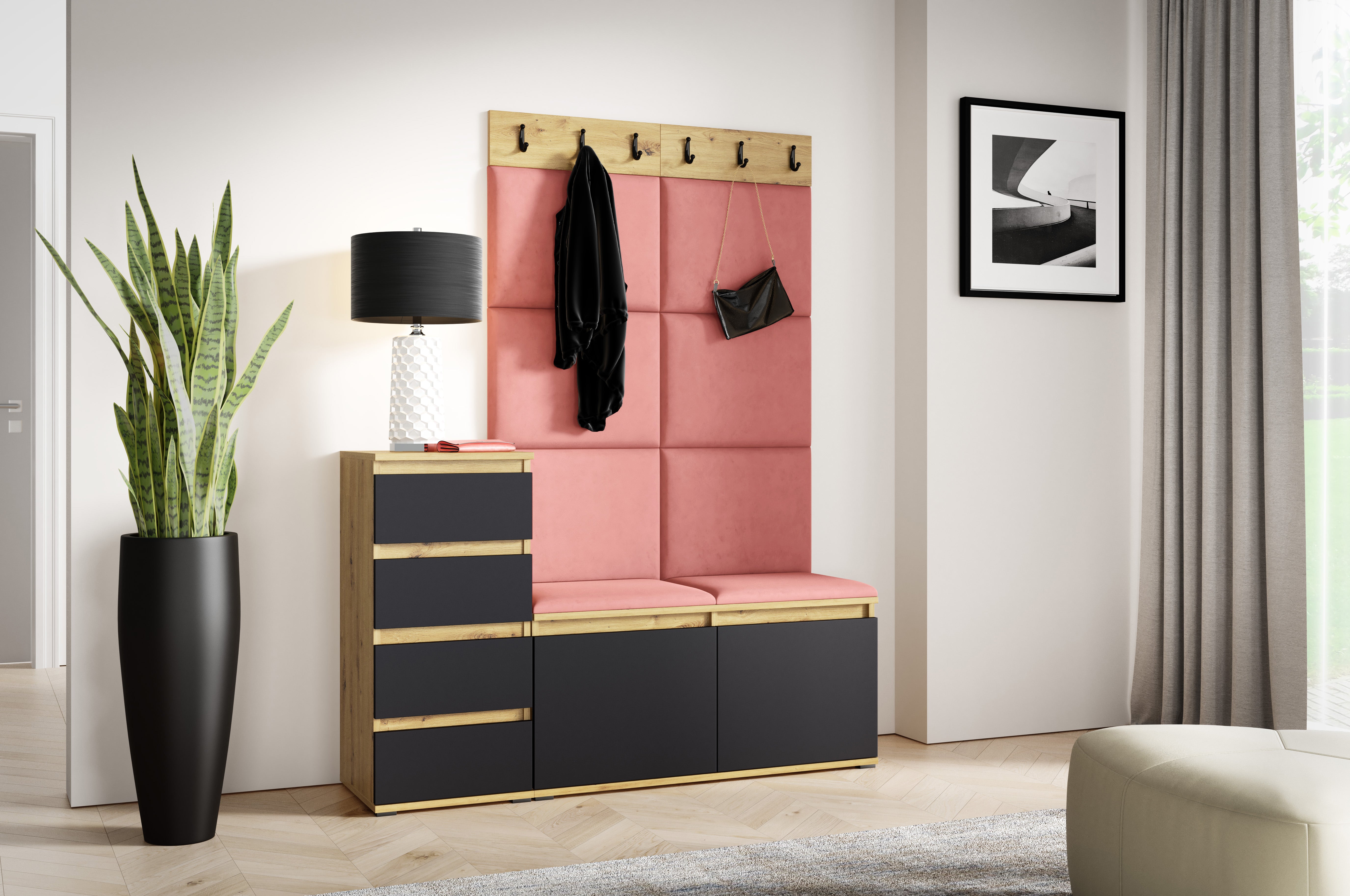 PK Emi 34 Hallway Wardrobe Aristan Oak\Black- Upholstered Panels in Various Colours