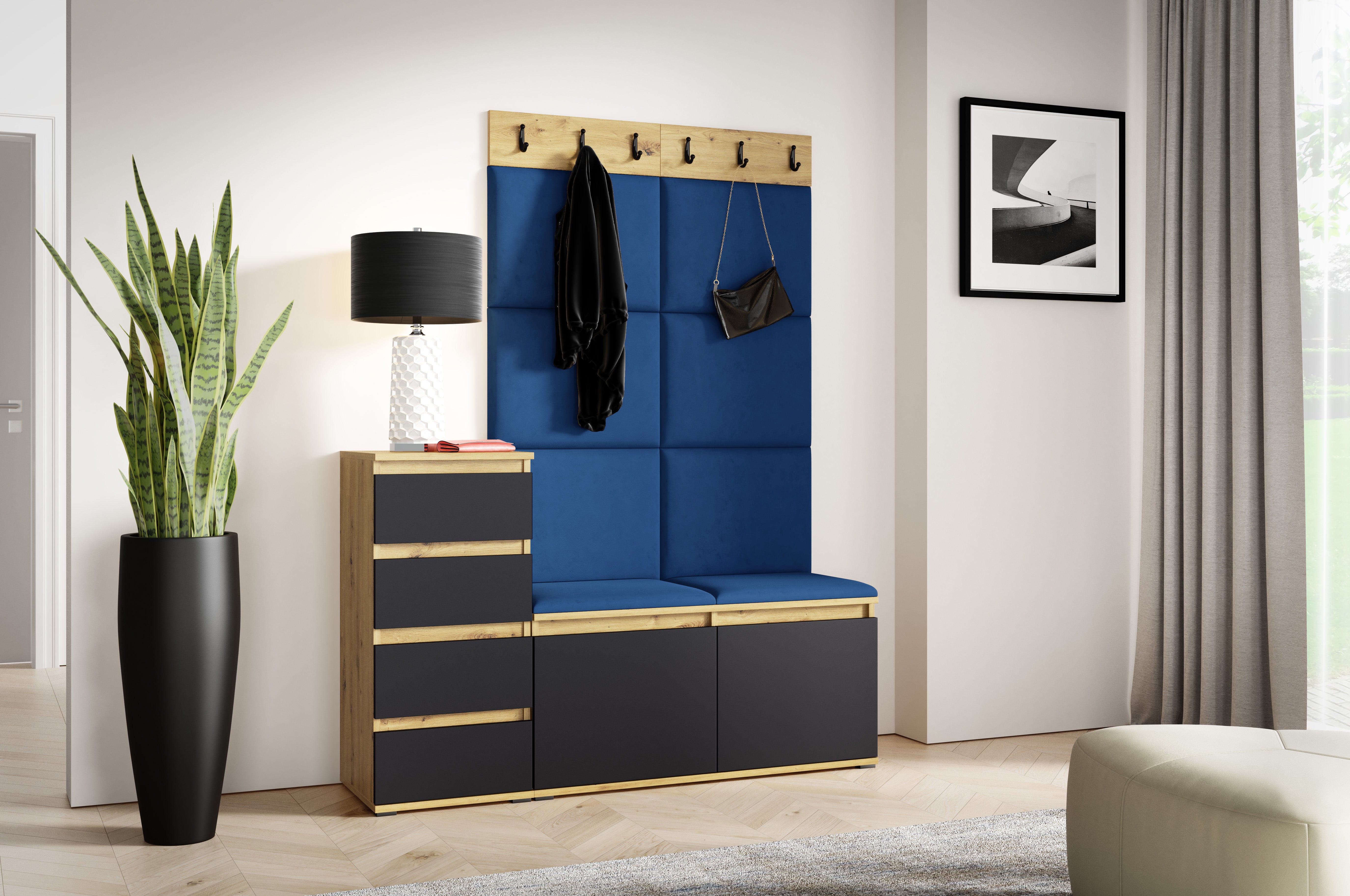 PK Emi 34 Hallway Wardrobe Aristan Oak\Black- Upholstered Panels in Various Colours
