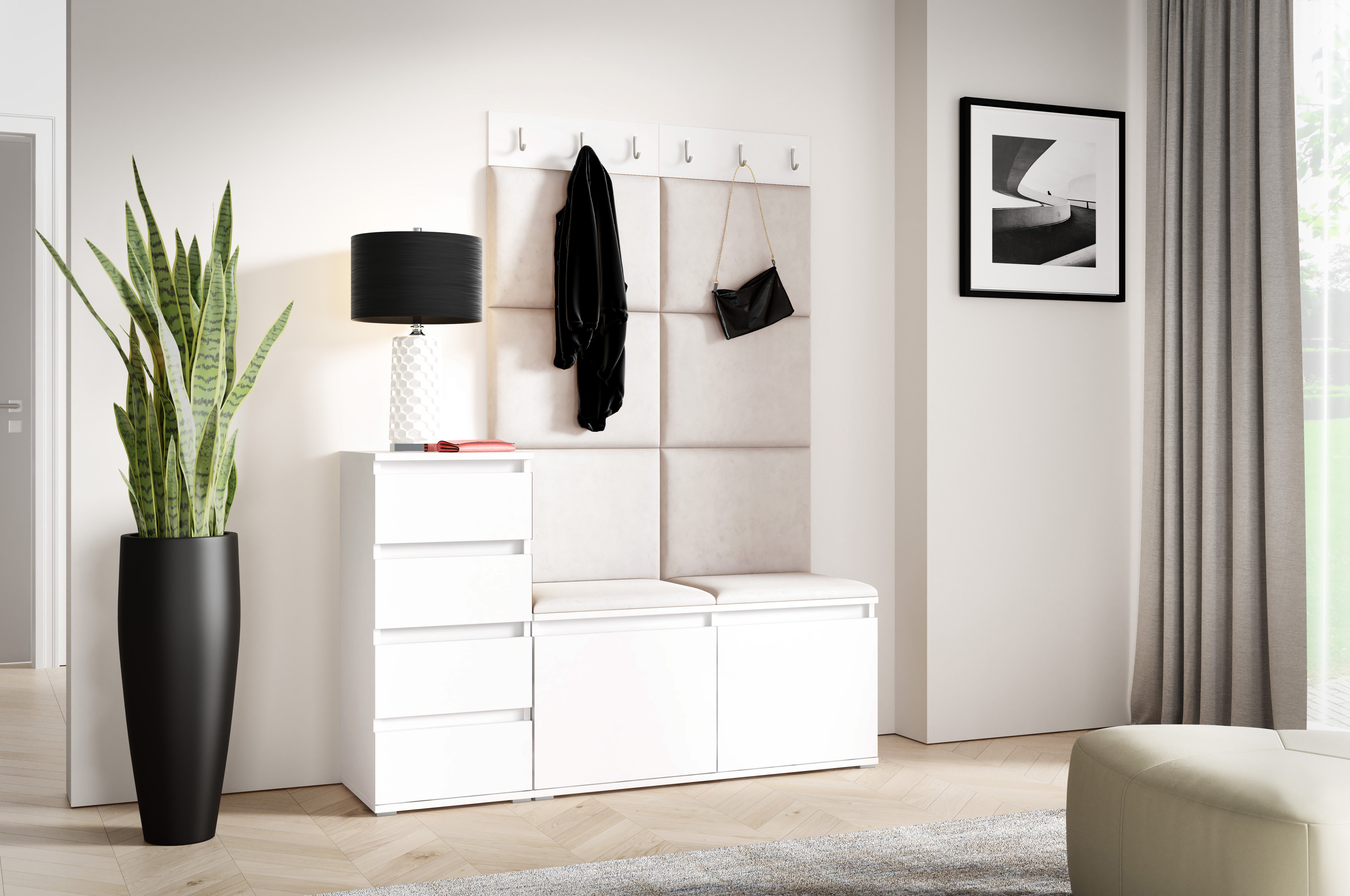 PK Emi 34 Hallway Wardrobe White - Upholstered Panels in Various Colours