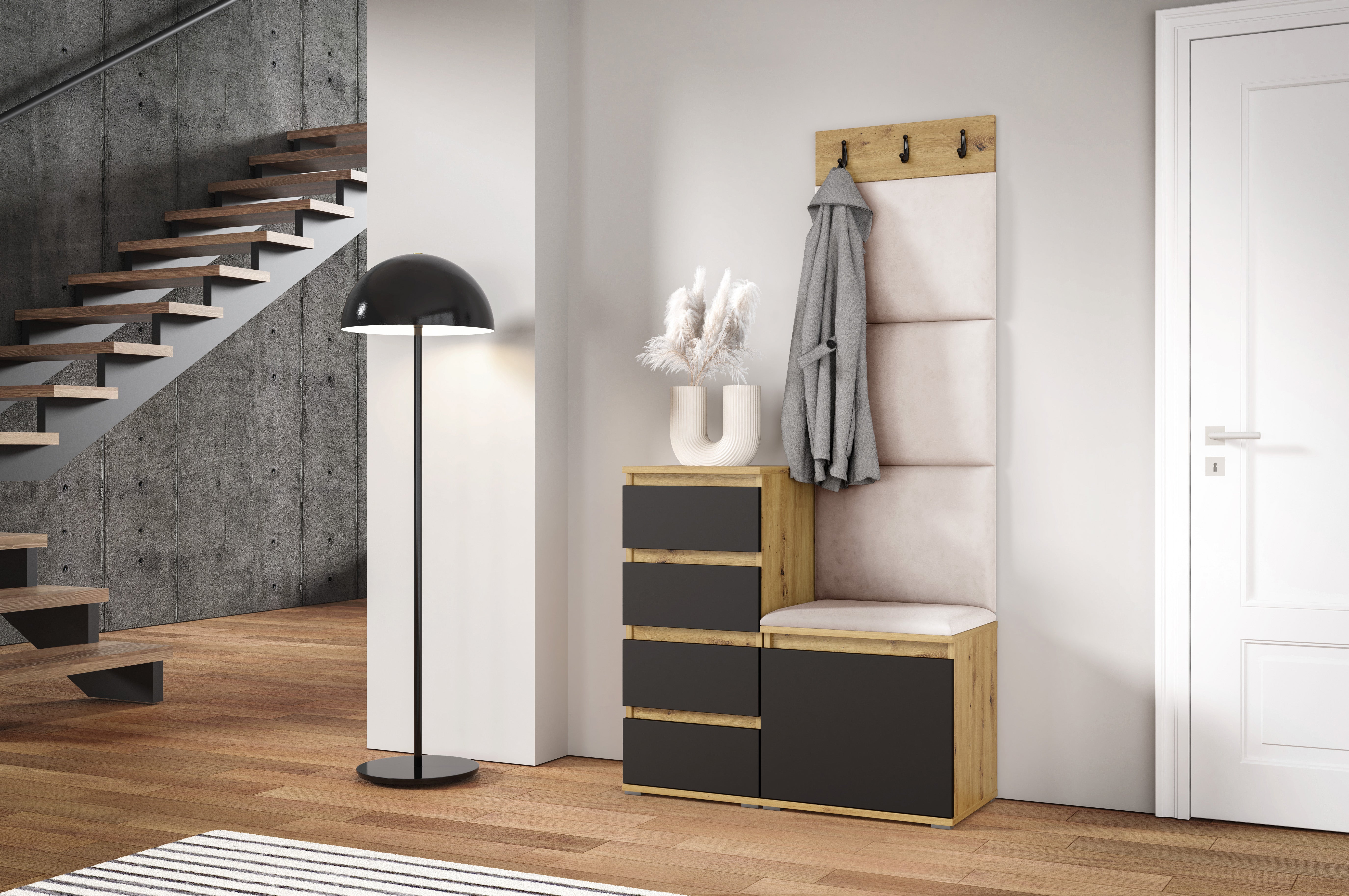 PK Emi 36 Hallway Wardrobe Aristan Oak\Black  - Upholstered Panels in Various Colours