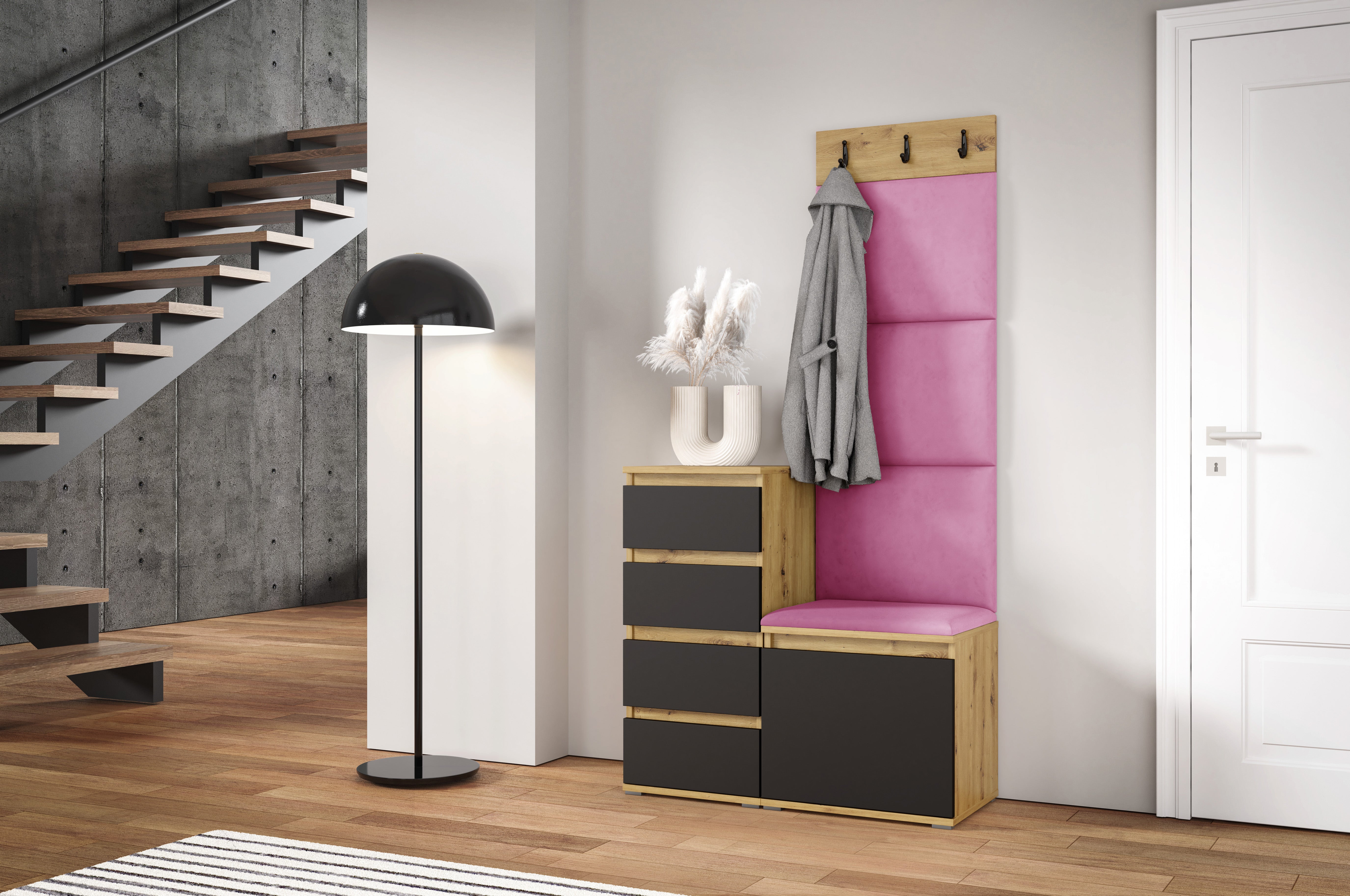 PK Emi 36 Hallway Wardrobe Aristan Oak\Black  - Upholstered Panels in Various Colours