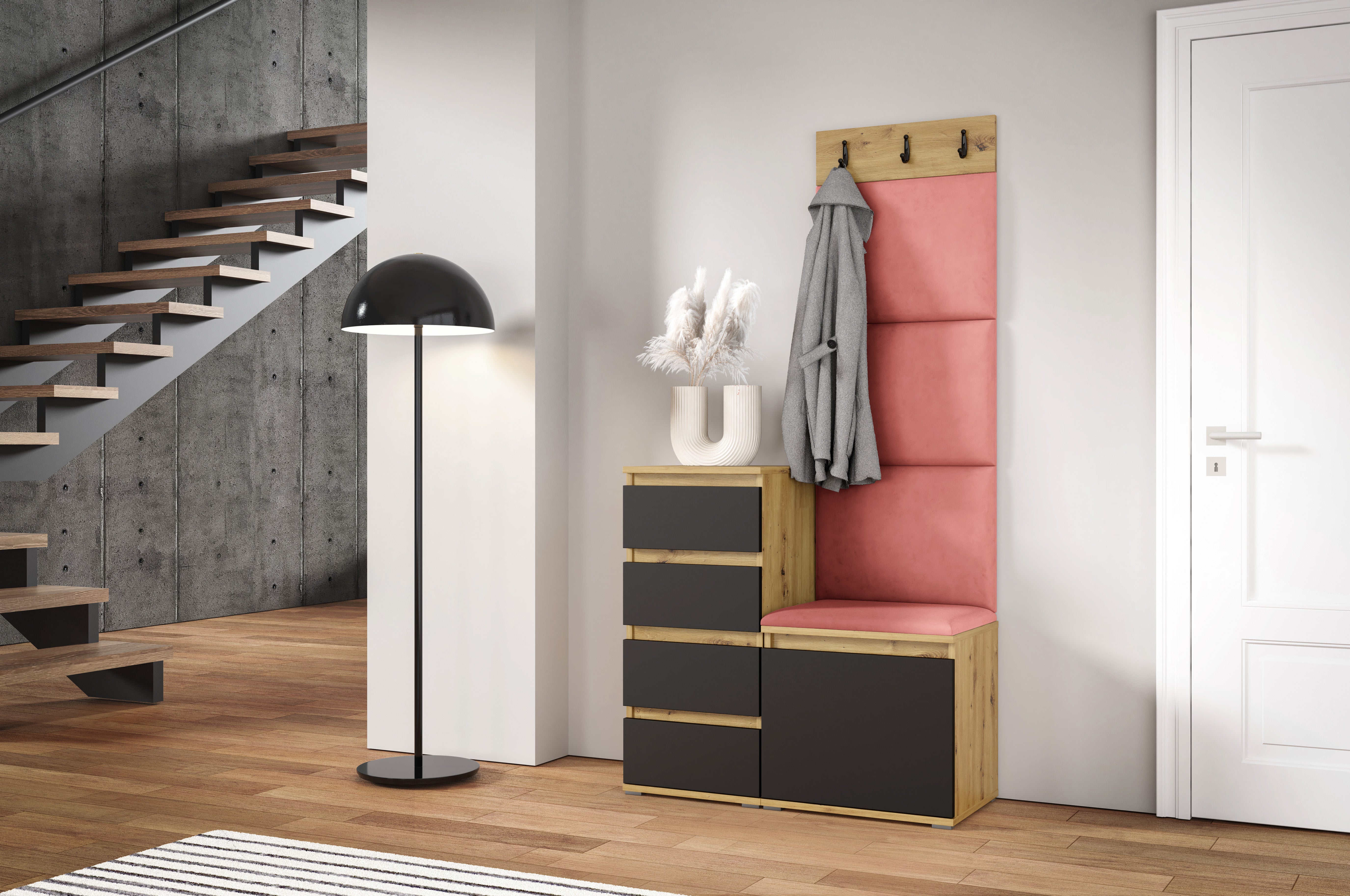 PK Emi 36 Hallway Wardrobe Aristan Oak\Black  - Upholstered Panels in Various Colours