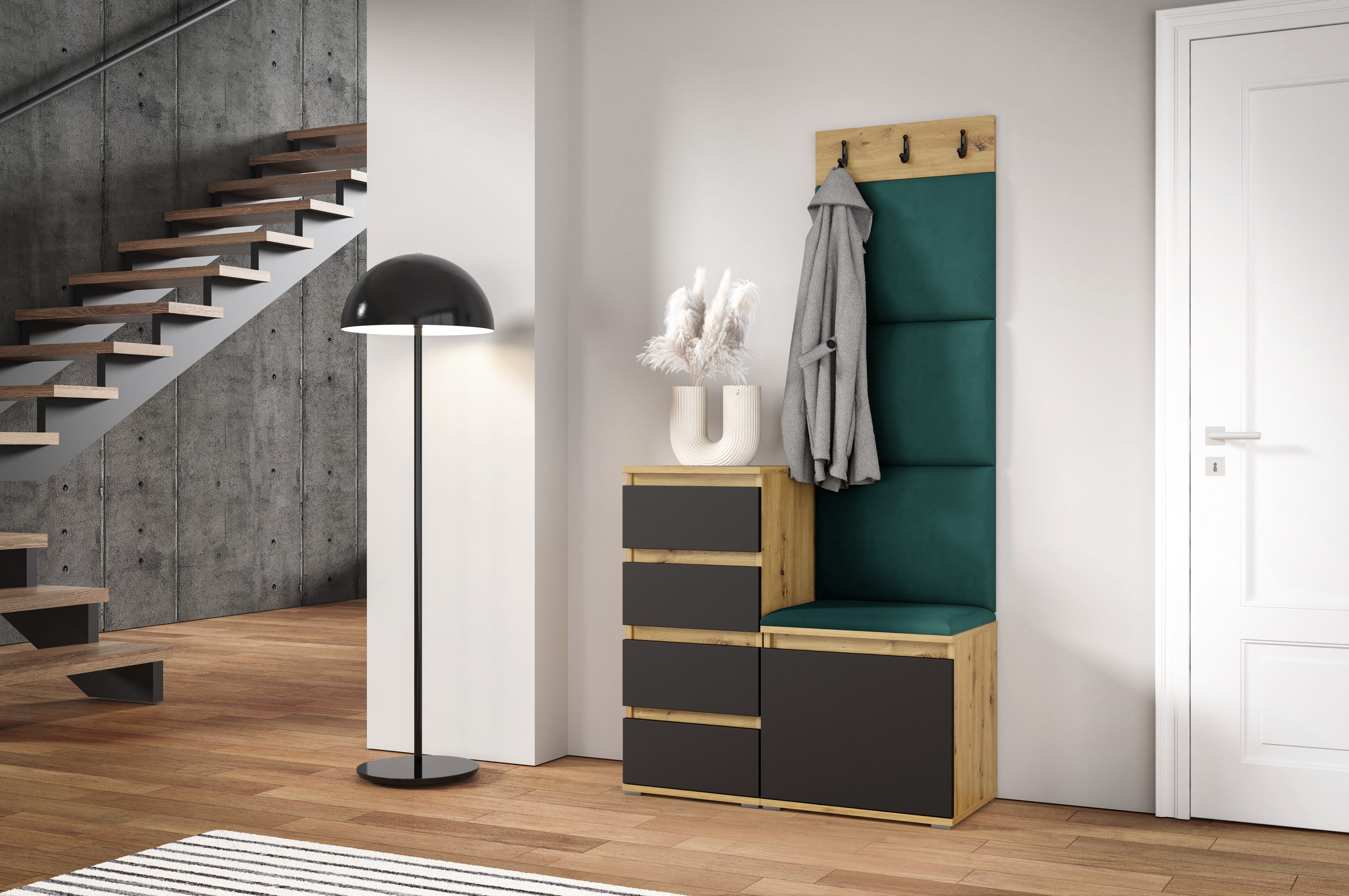 PK Emi 36 Hallway Wardrobe Aristan Oak\Black  - Upholstered Panels in Various Colours