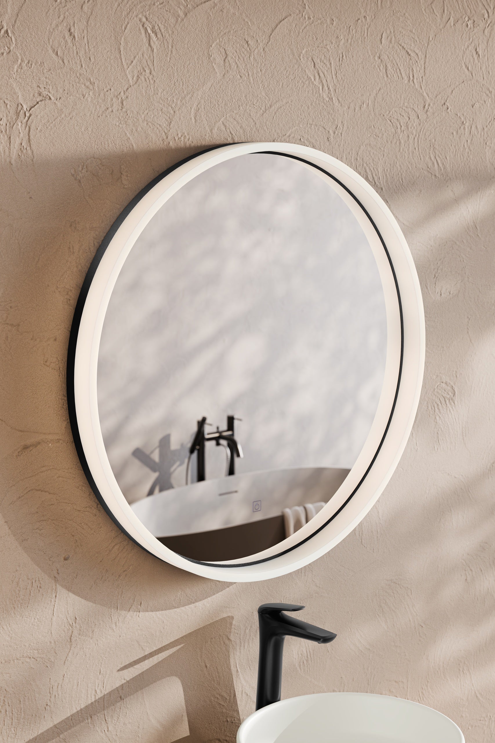 Orion LU LED 80 – Round LED Bathroom Mirror with Black Frame & Acrylic Light Ring, 80 cm