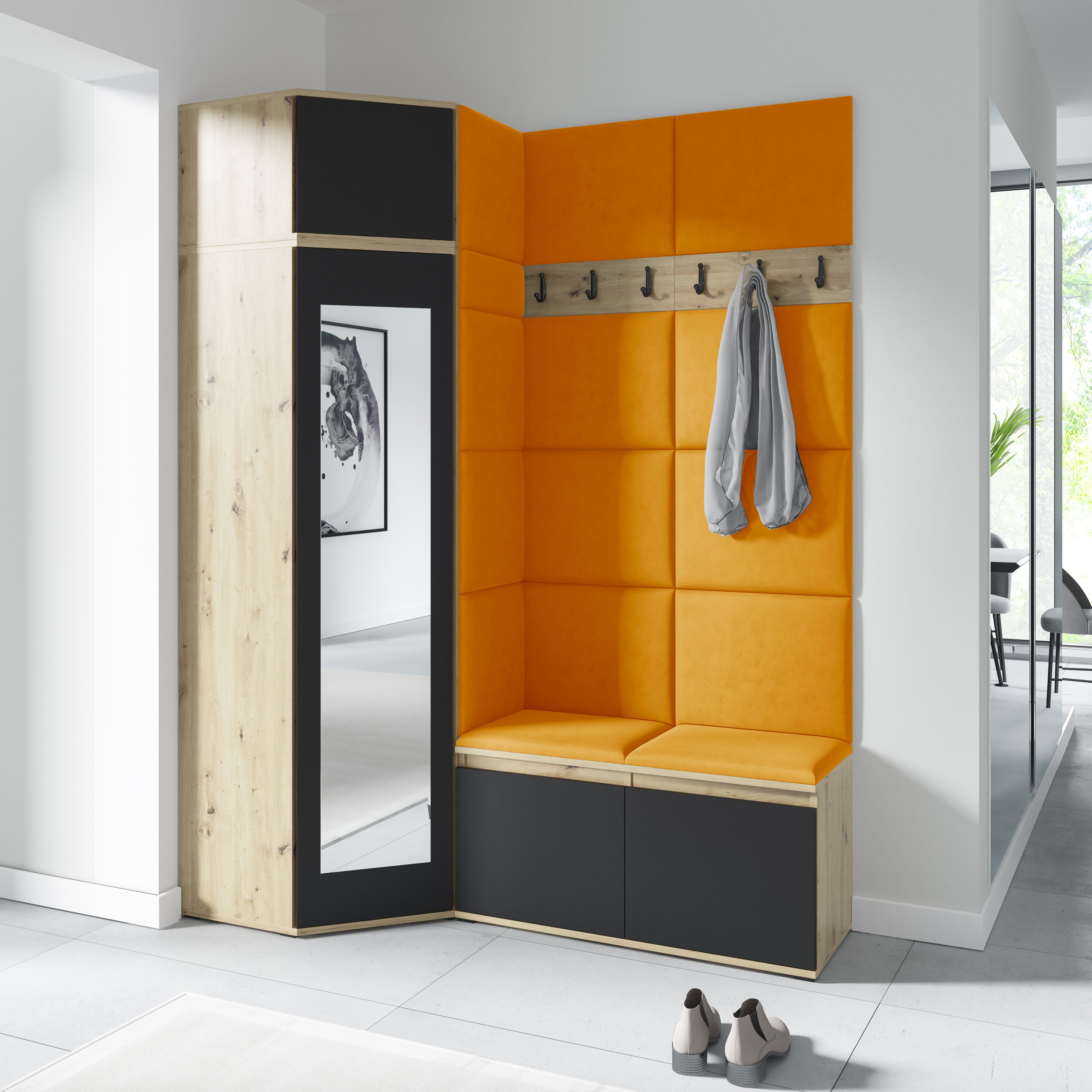 PK Emi 37 Hallway Wardrobe Aristan Oak\Black- Upholstered Panels in Various Colours