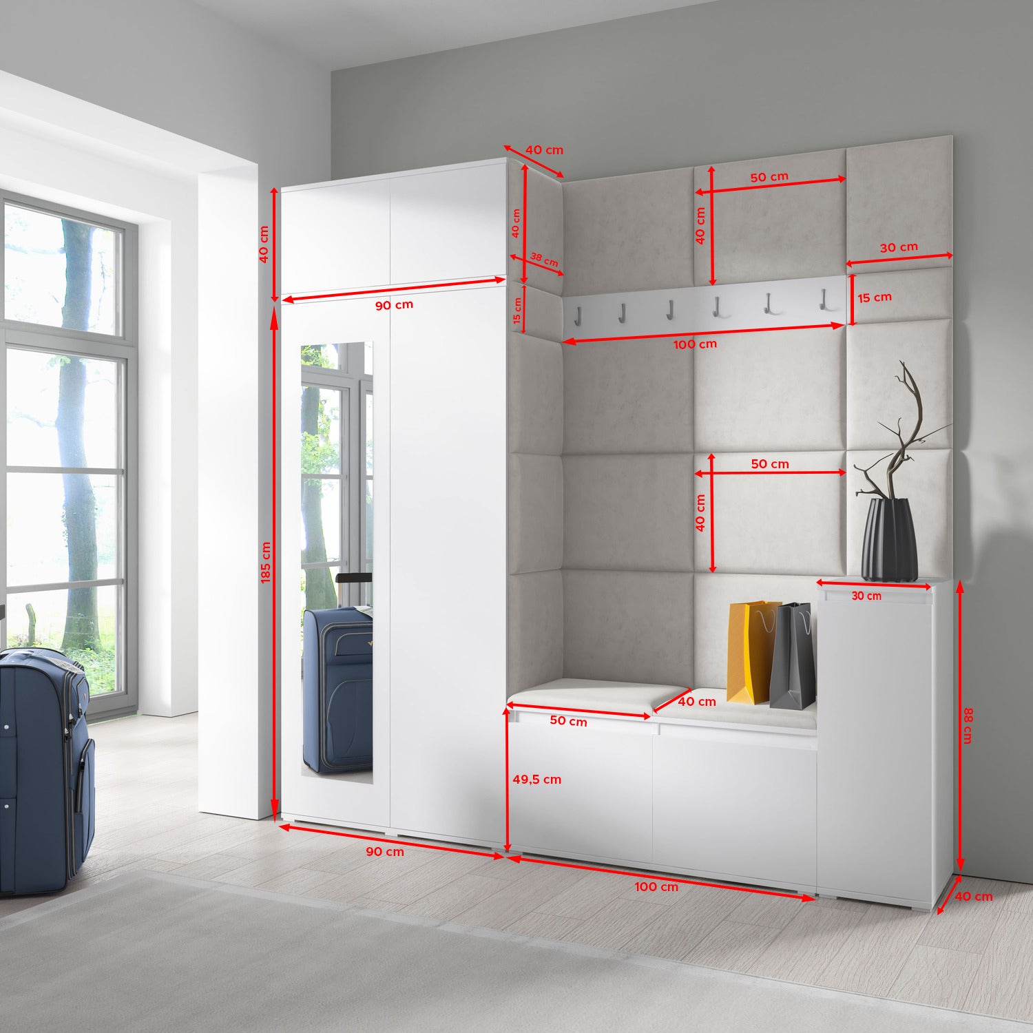 Emi 26 Hallway Set with Wardrobe, Shoe Bench & Upholstered Panels – White