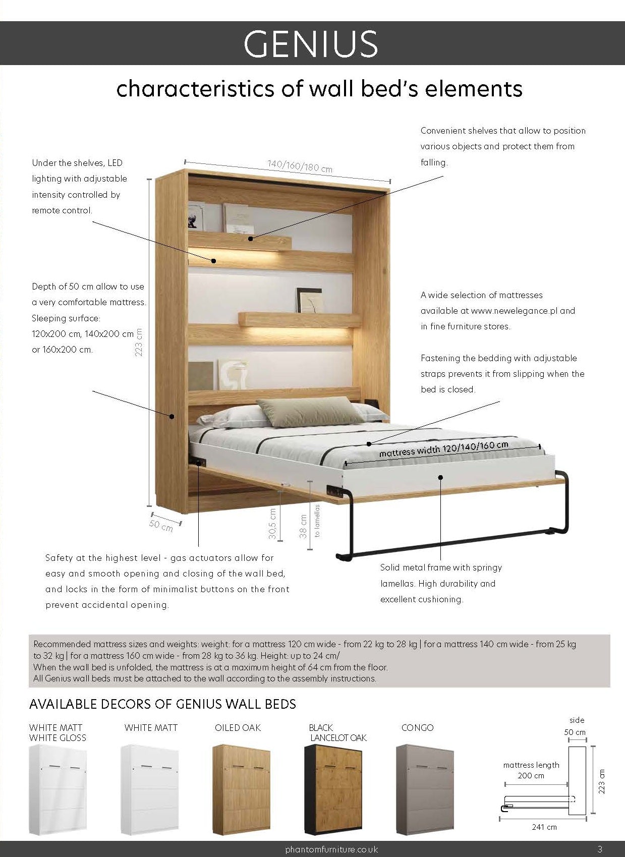 Genius Vertical Murphy Bed with Desk – with 120x200 cm Mattress, LED Lighting