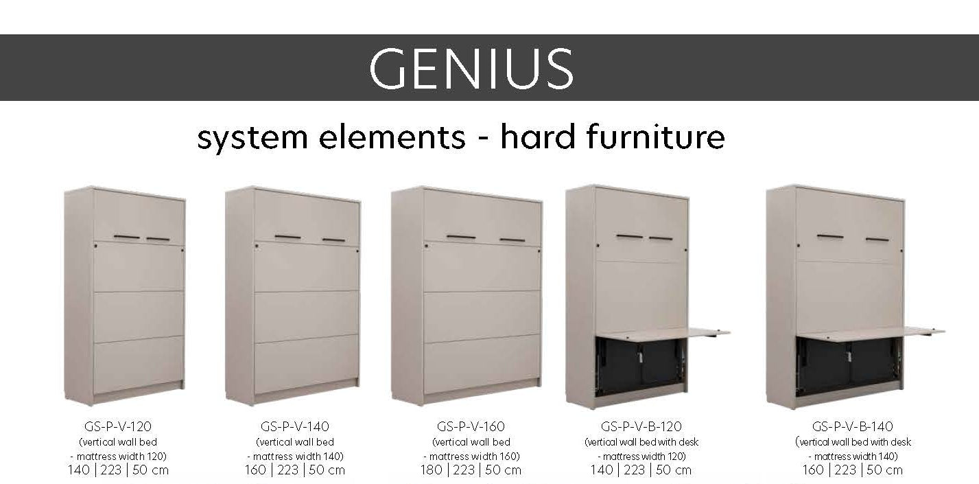 Genius Vertical Murphy Bed with Desk – with 120x200 cm Mattress, LED Lighting