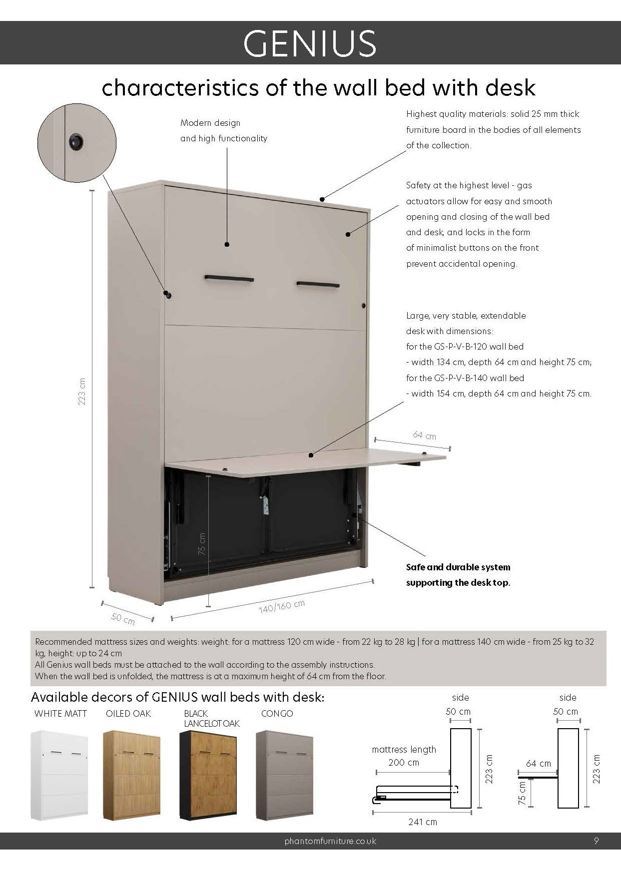 Genius Vertical Murphy Bed with Desk – with 120x200 cm Mattress, LED Lighting