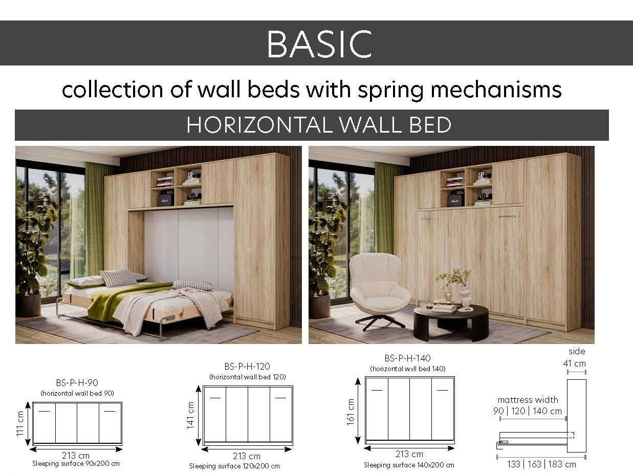 Customizable Murphy Bed BASIC Horizontal  Furniture Set Black and Lancelot Oak 90, 120, 140 x 200 cm