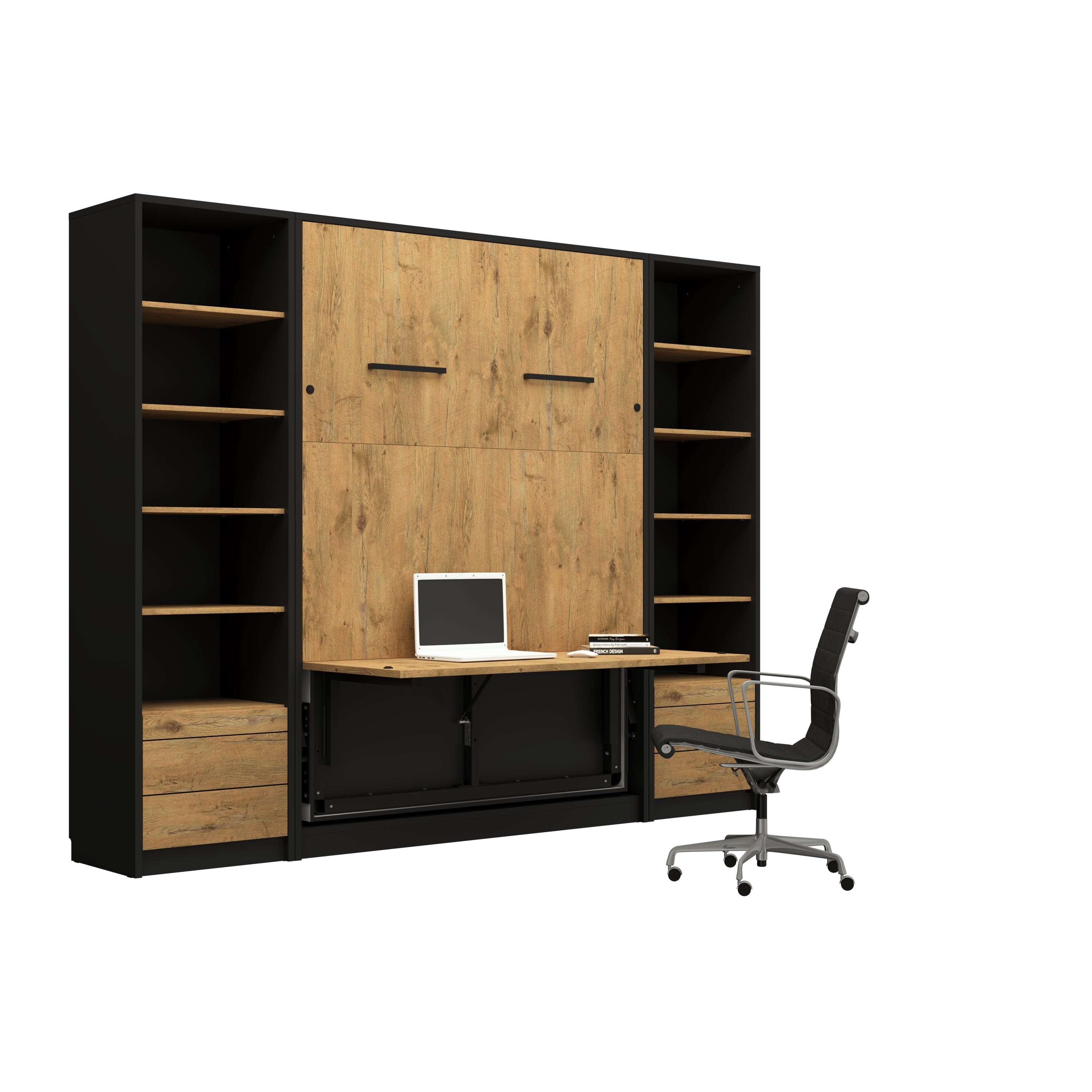 Customizable Genius Murphy Bed Furniture Set 140 x 200 cm Black Lancelot Oak