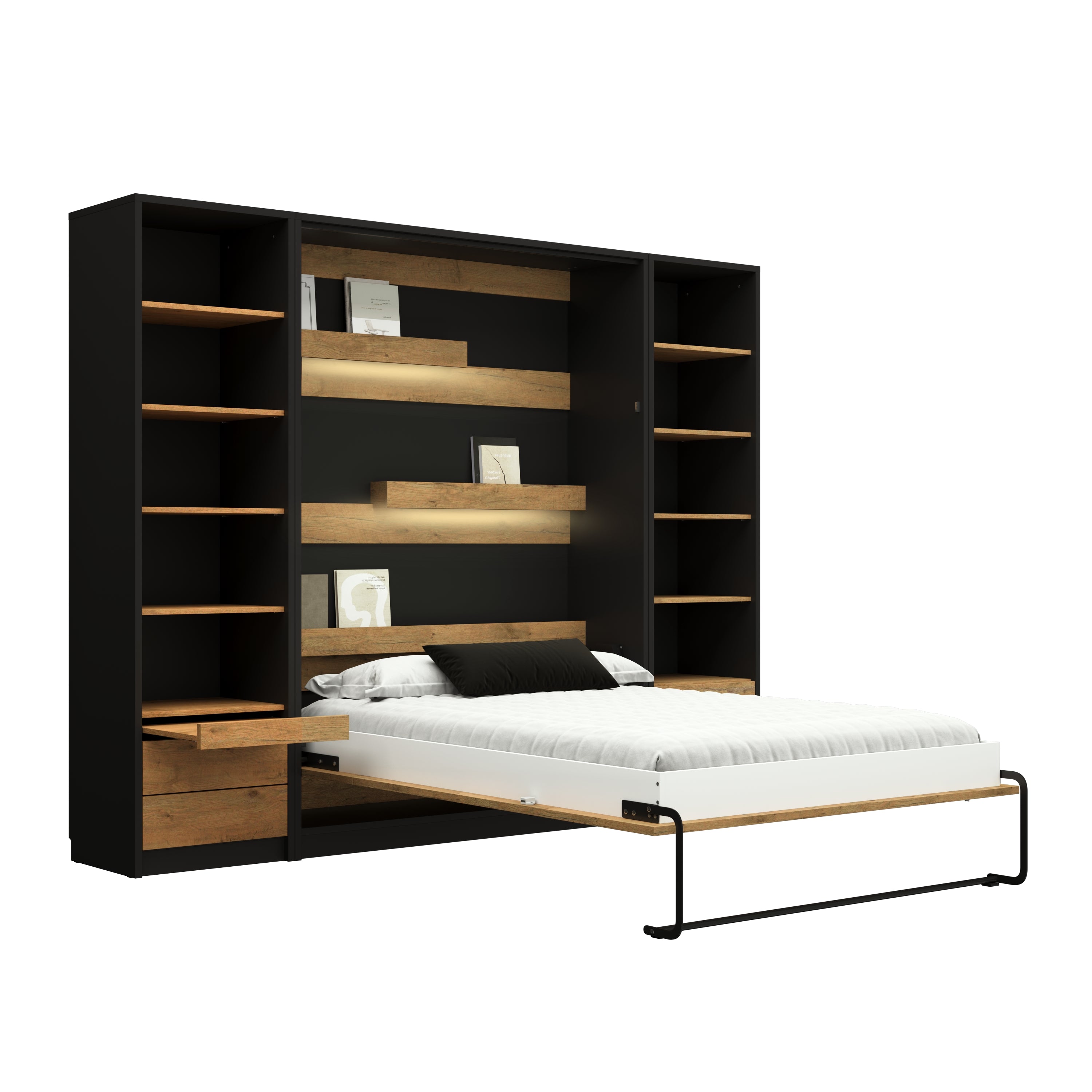 Customizable Genius Murphy Bed Furniture Set 140 x 200 cm Black Lancelot Oak