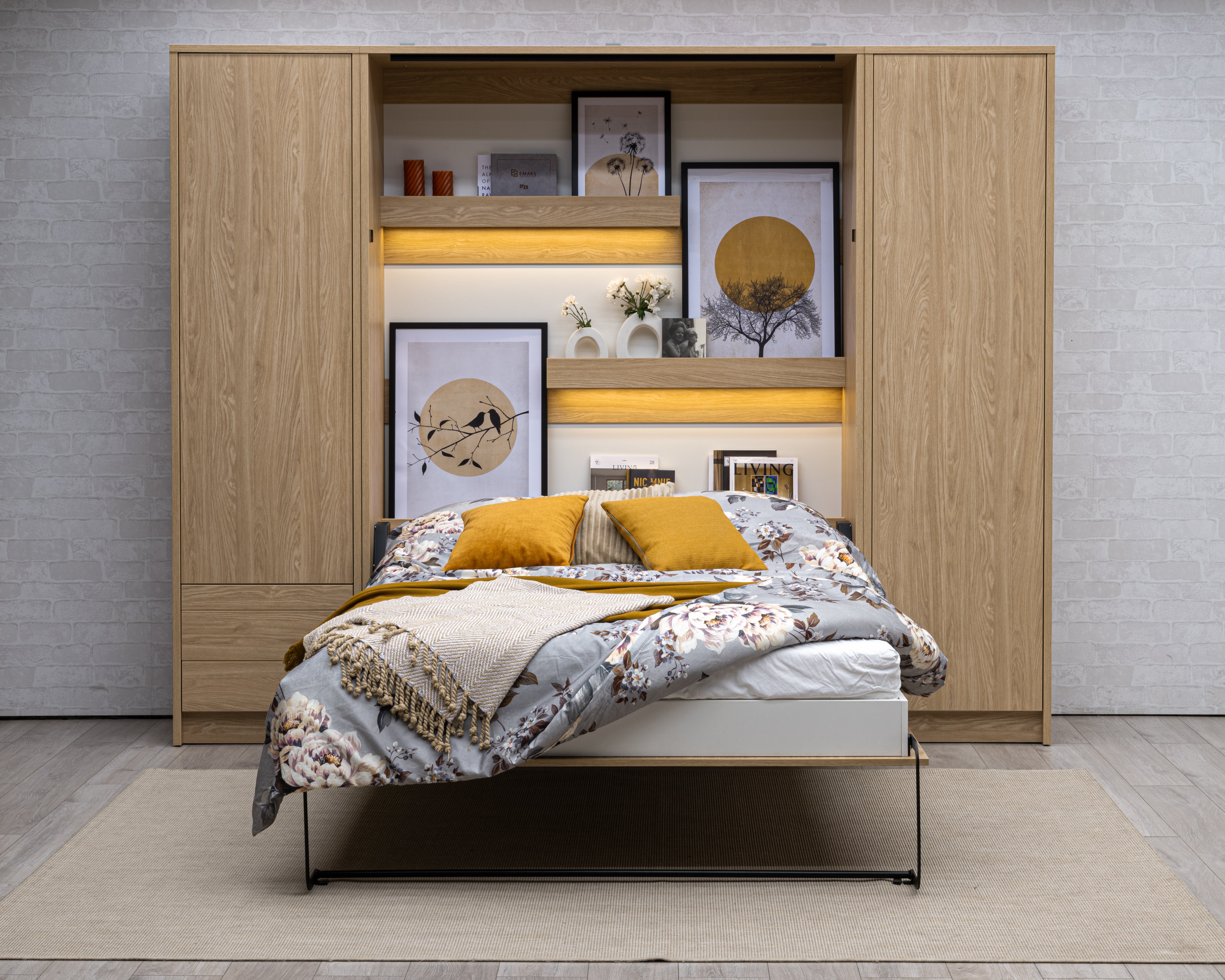 Genius Vertical Murphy Bed with Desk & Wardrobes – with 140x200 cm Mattress, LED Lighting