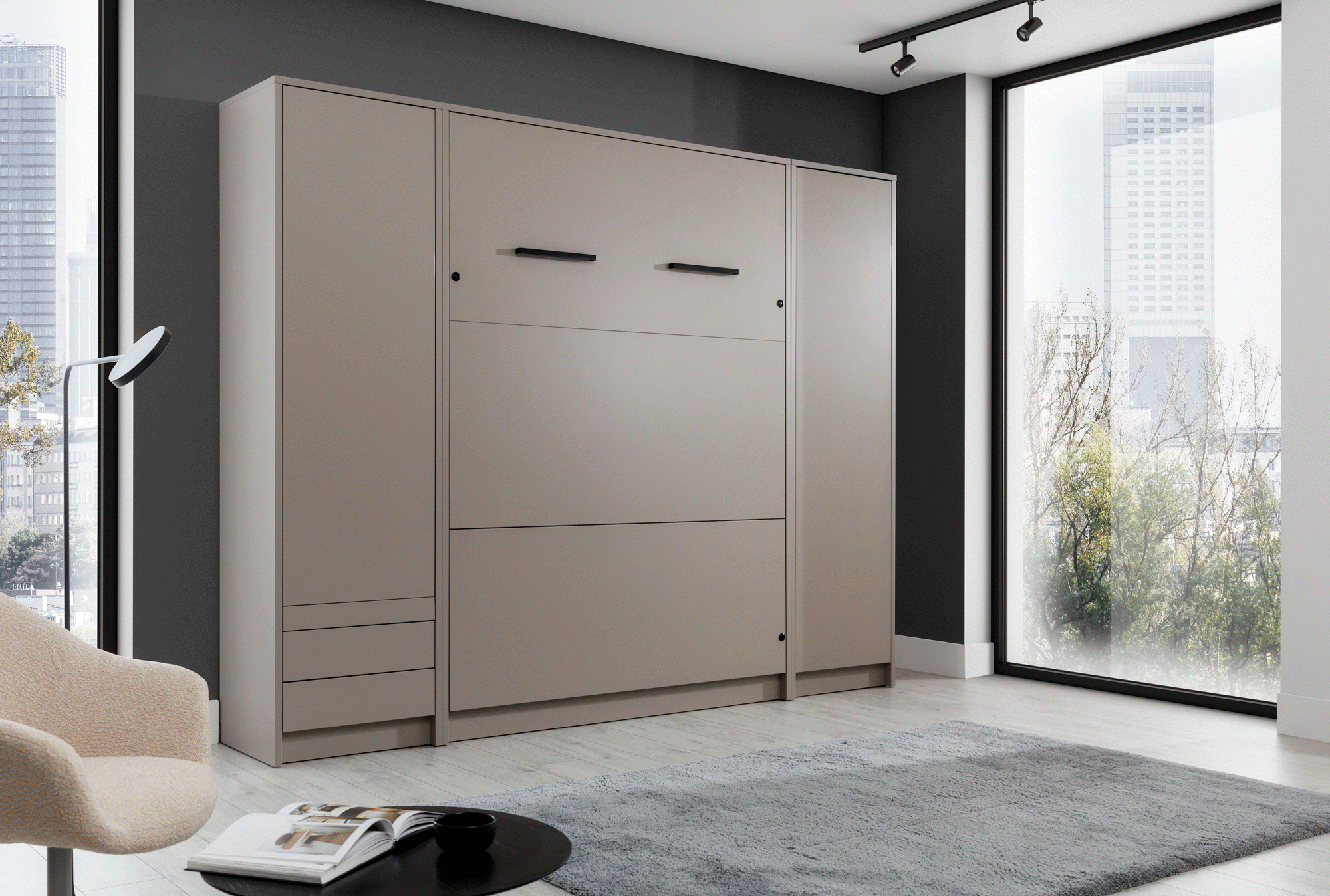 Genius Vertical Murphy Bed with Desk – with 120x200 cm Mattress, LED Lighting