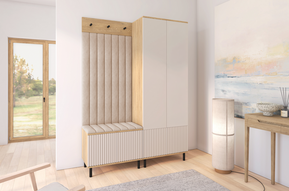 Bello Hallway Wardrobe Set 1 – Choose Leg Height, Mirror & Panel Colour | Cashmere & Cremona Oak