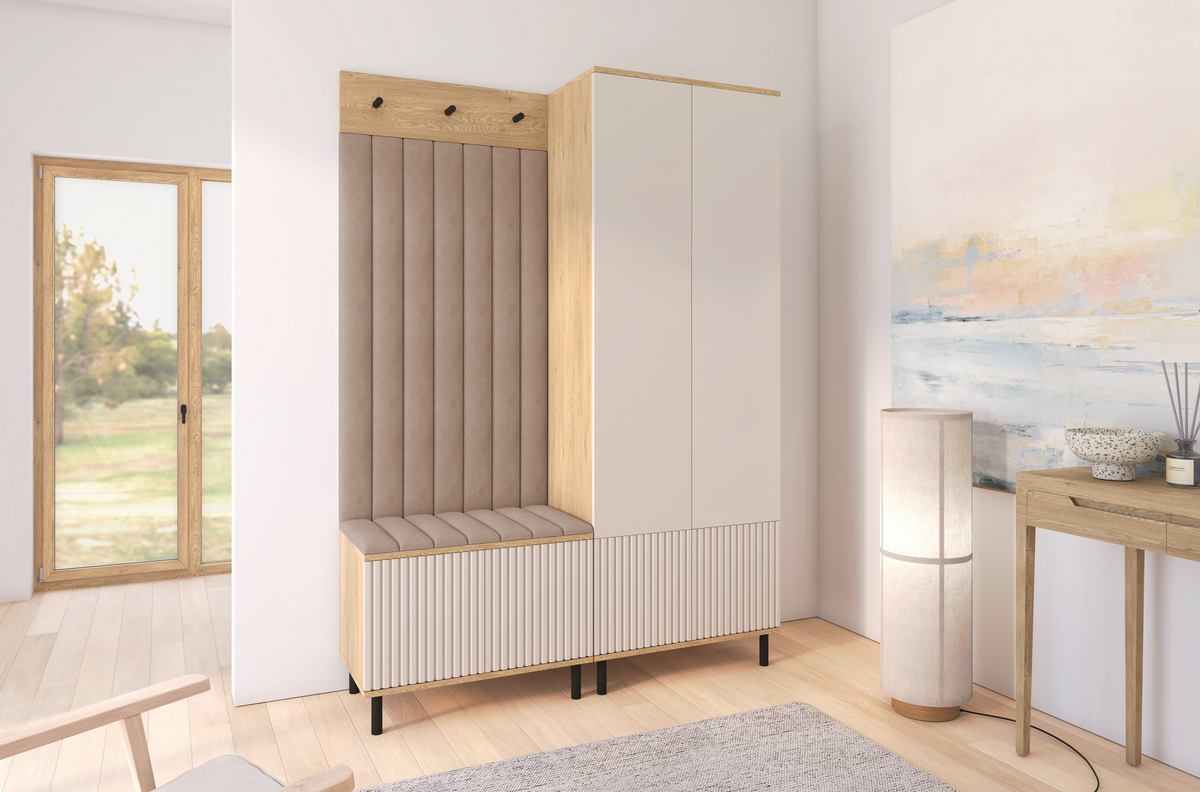 Bello Hallway Wardrobe Set 1 – Choose Leg Height, Mirror & Panel Colour | Cashmere & Cremona Oak