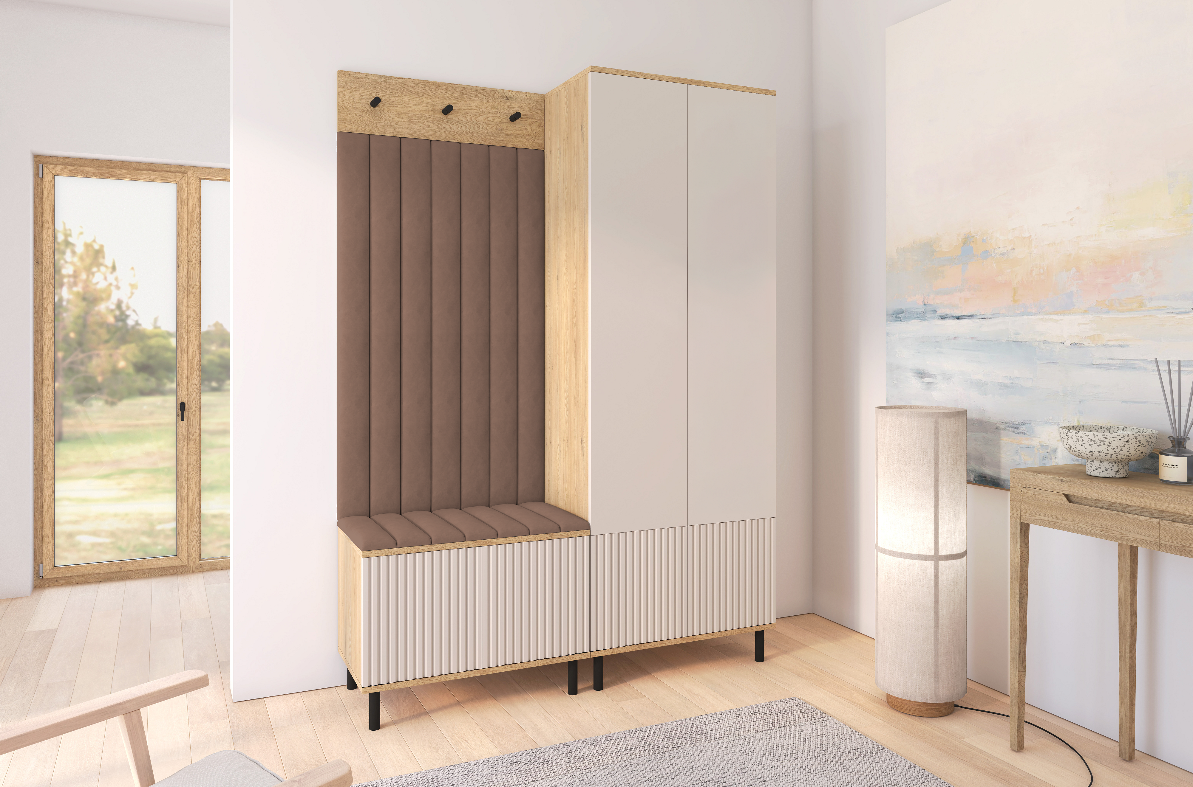Bello Hallway Wardrobe Set 1 – Choose Leg Height, Mirror & Panel Colour | Cashmere & Cremona Oak