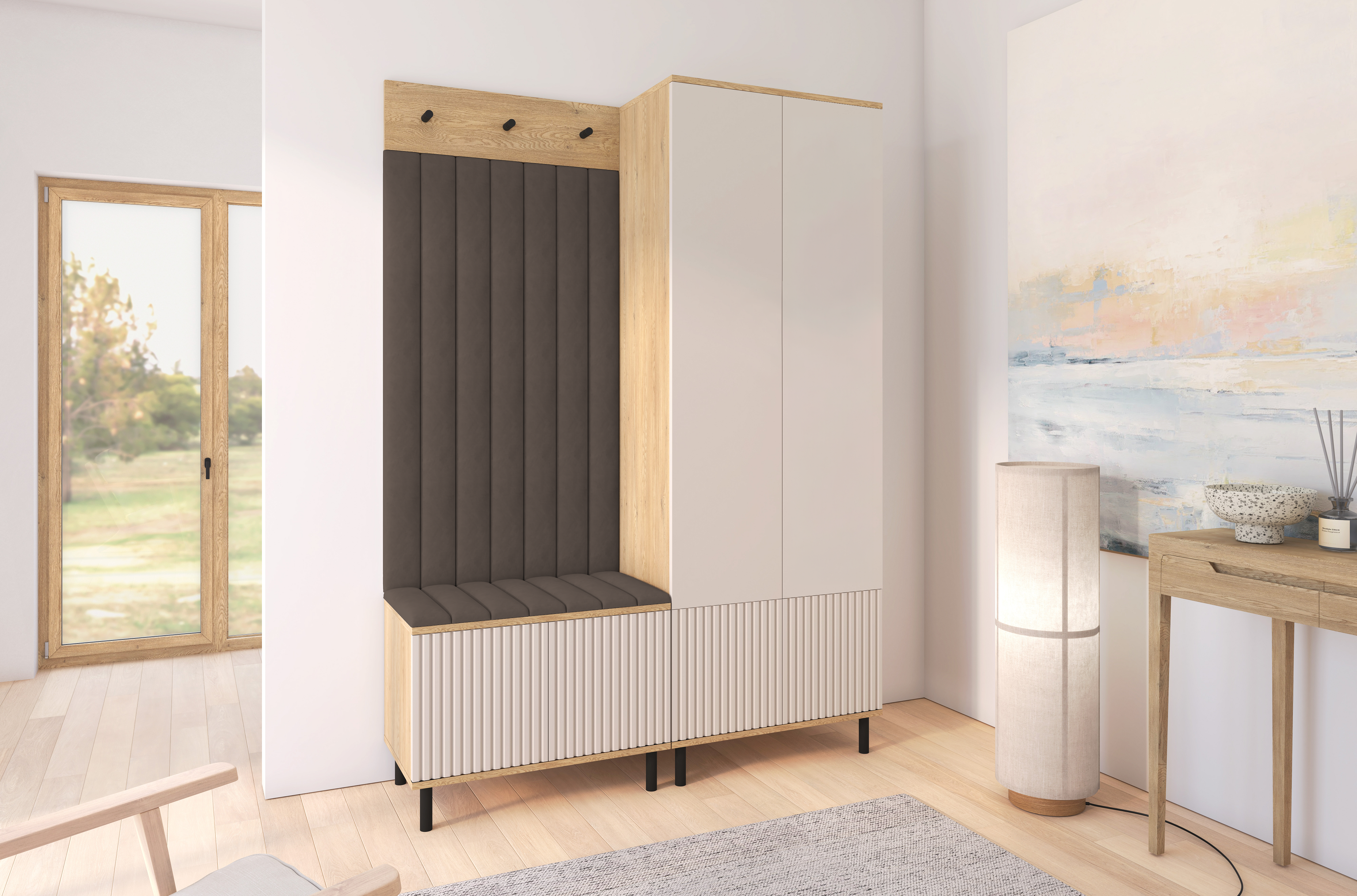 Bello Hallway Wardrobe Set 1 – Choose Leg Height, Mirror & Panel Colour | Cashmere & Cremona Oak