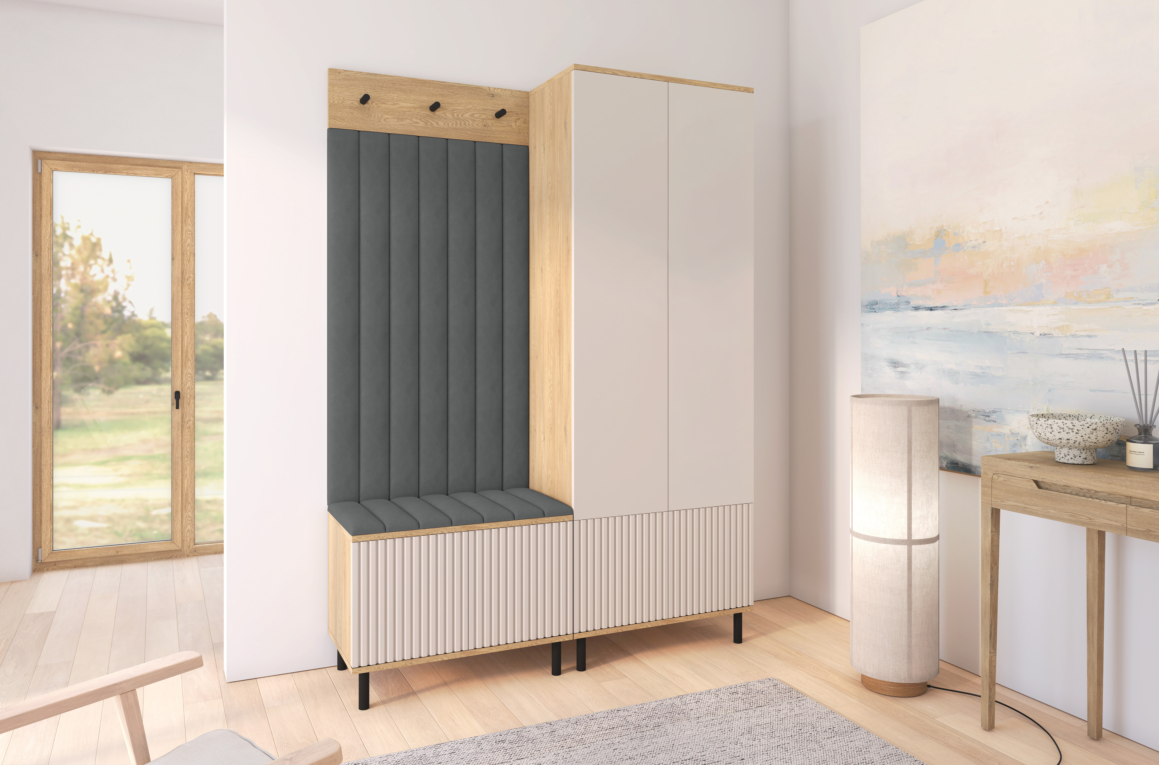 Bello Hallway Wardrobe Set 1 – Choose Leg Height, Mirror & Panel Colour | Cashmere & Cremona Oak