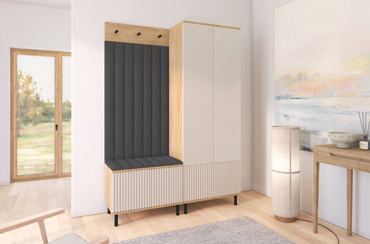 Bello Hallway Wardrobe Set 1 – Choose Leg Height, Mirror & Panel Colour | Cashmere & Cremona Oak