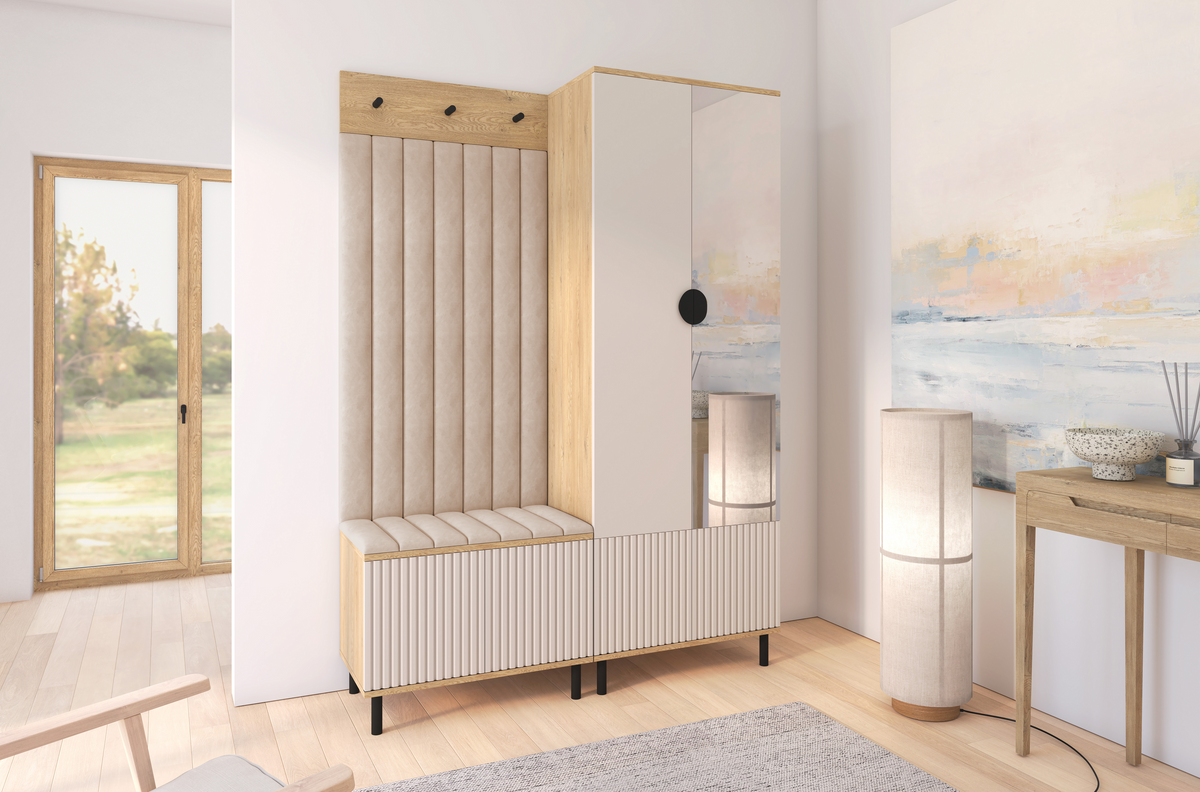 Bello Hallway Wardrobe Set 1 – Choose Leg Height, Mirror & Panel Colour | Cashmere & Cremona Oak