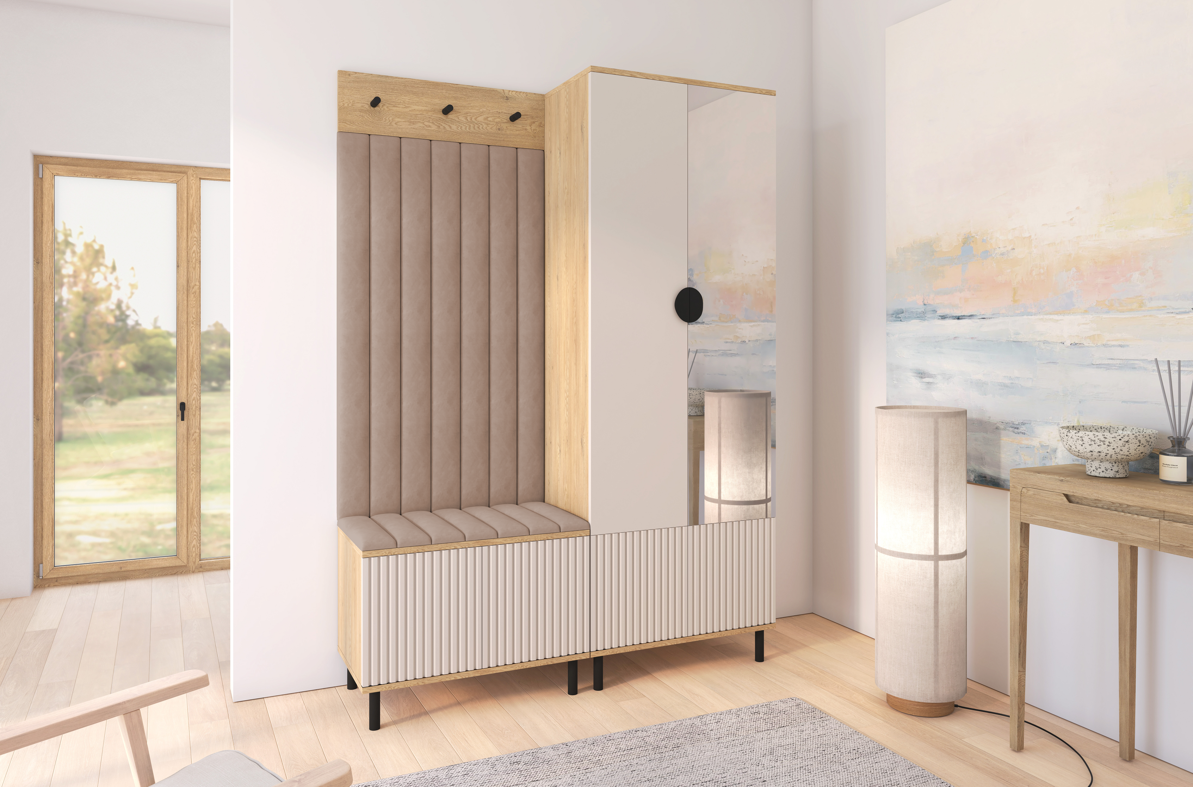 Bello Hallway Wardrobe Set 1 – Choose Leg Height, Mirror & Panel Colour | Cashmere & Cremona Oak