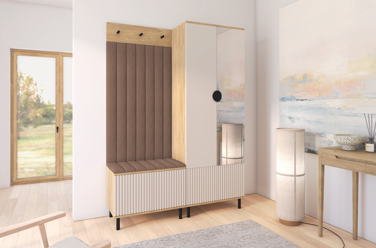 Bello Hallway Wardrobe Set 1 – Choose Leg Height, Mirror & Panel Colour | Cashmere & Cremona Oak
