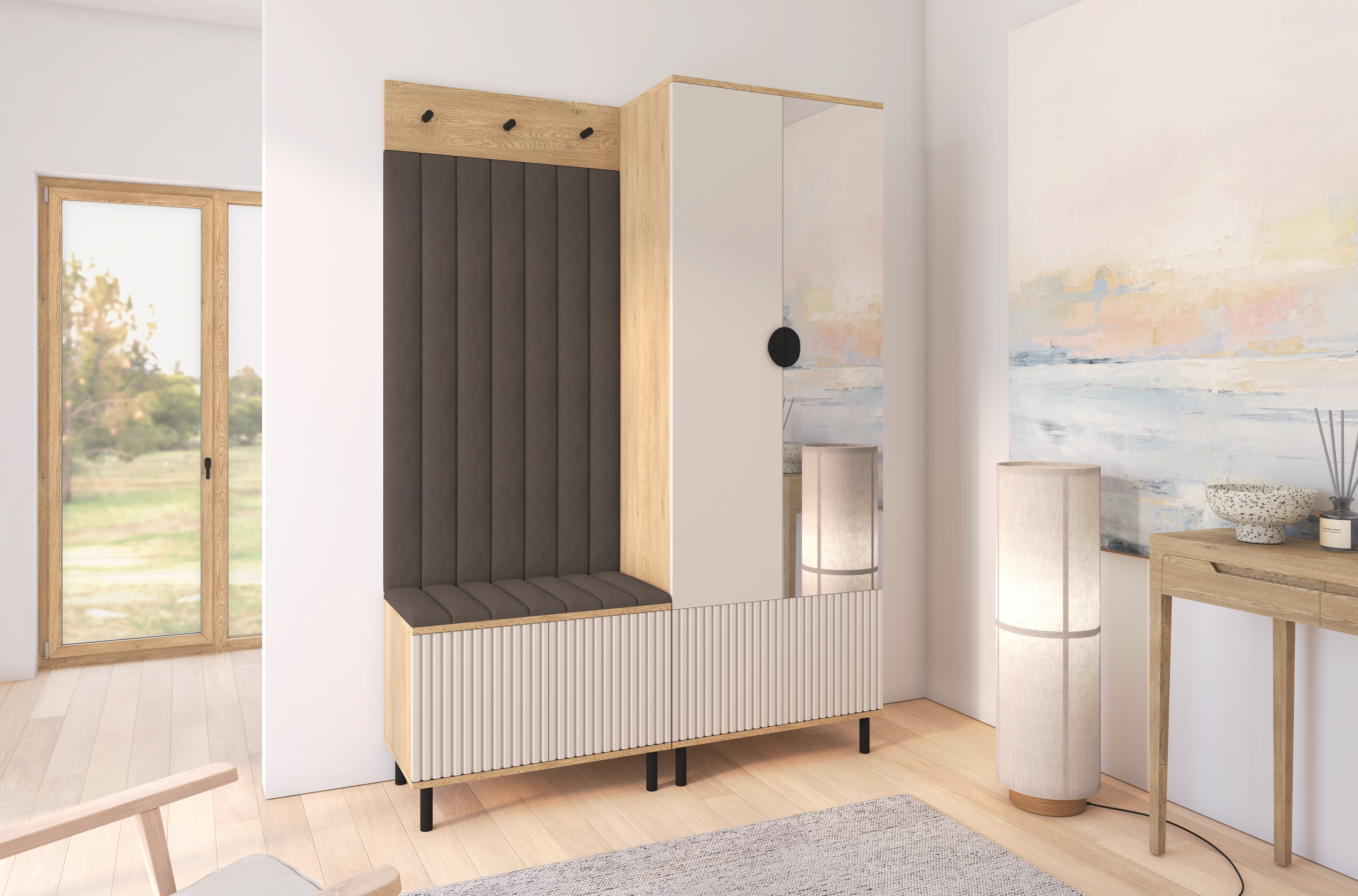Bello Hallway Wardrobe Set 1 – Choose Leg Height, Mirror & Panel Colour | Cashmere & Cremona Oak