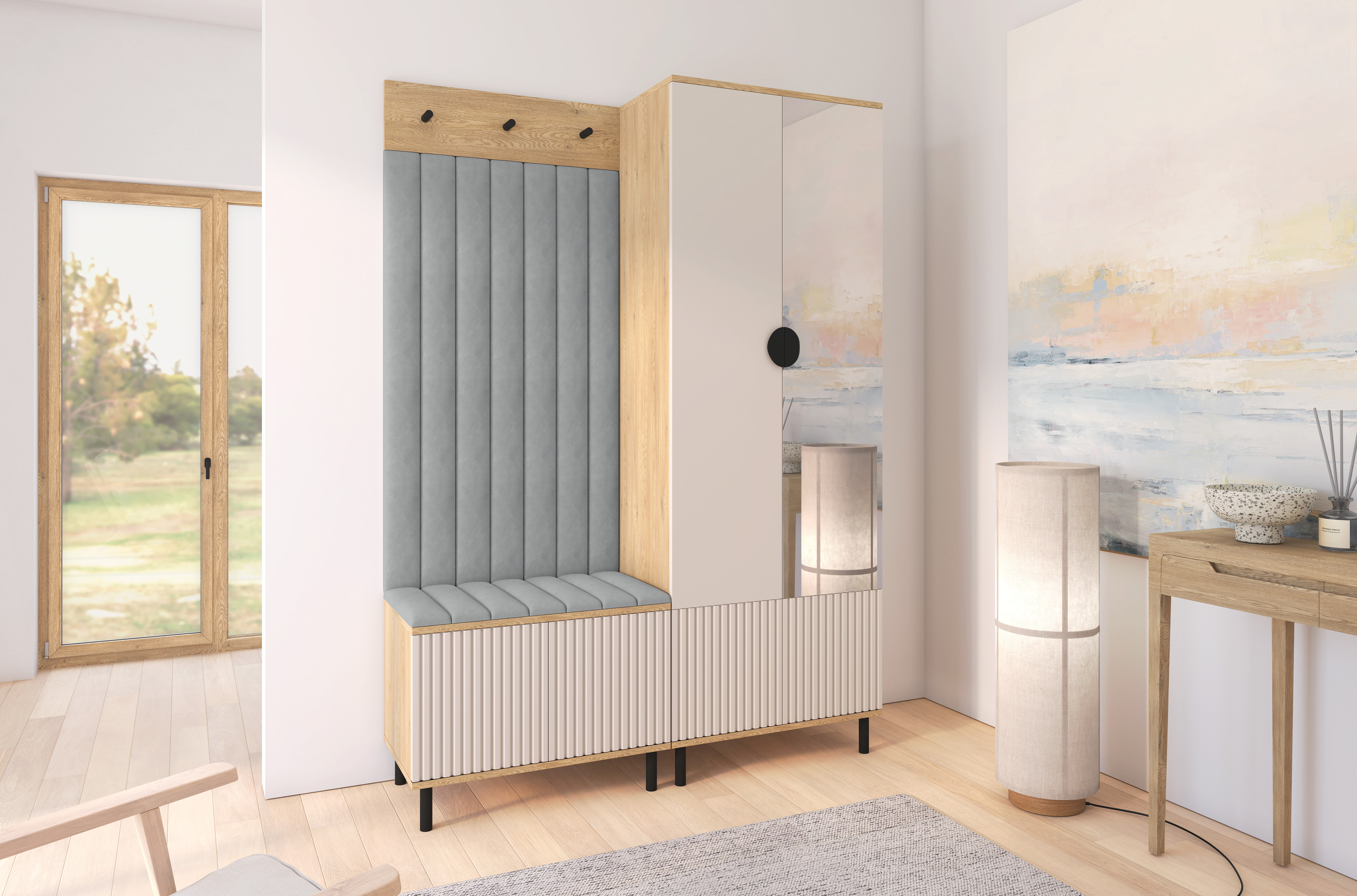 Bello Hallway Wardrobe Set 1 – Choose Leg Height, Mirror & Panel Colour | Cashmere & Cremona Oak