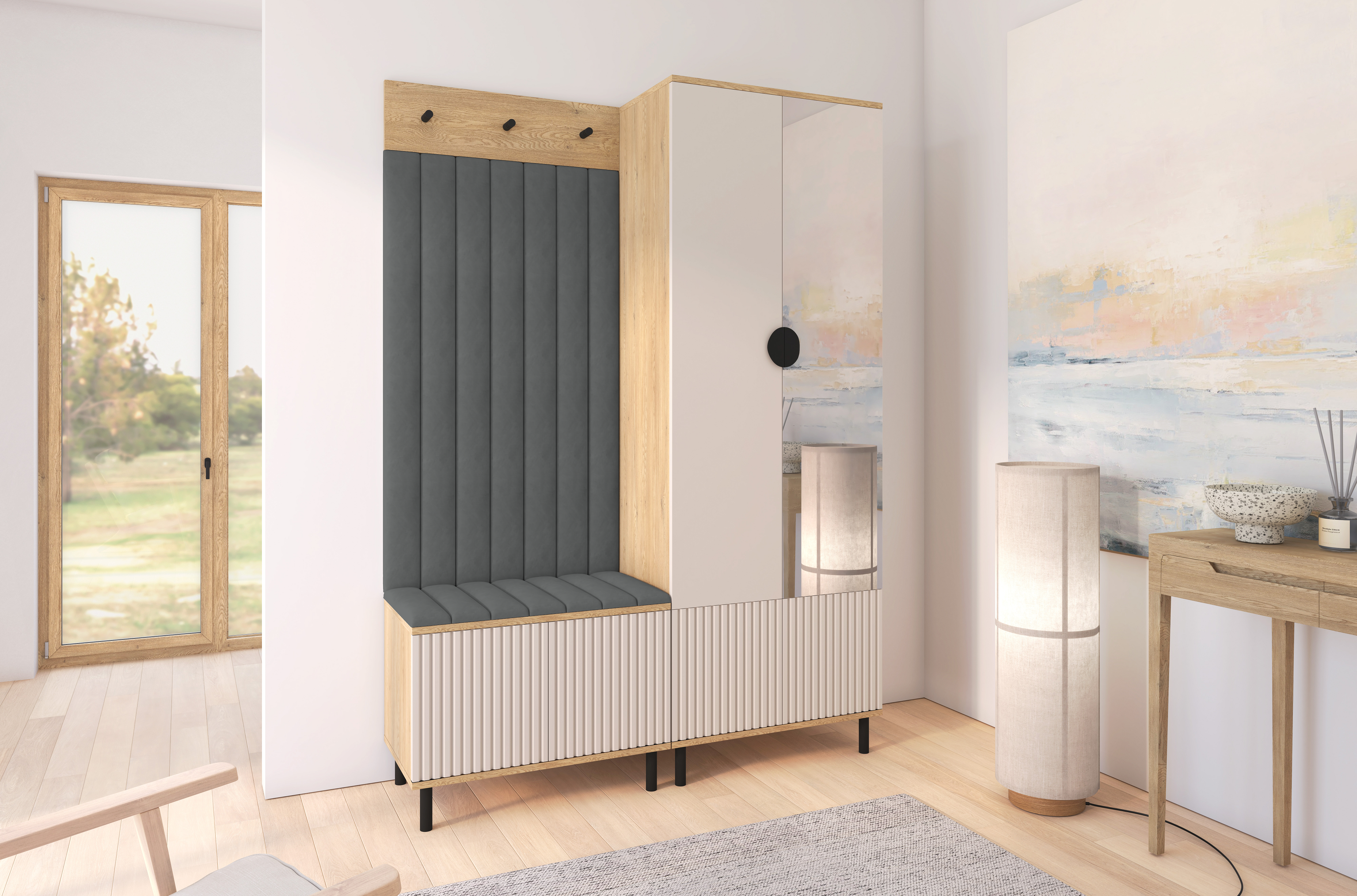 Bello Hallway Wardrobe Set 1 – Choose Leg Height, Mirror & Panel Colour | Cashmere & Cremona Oak