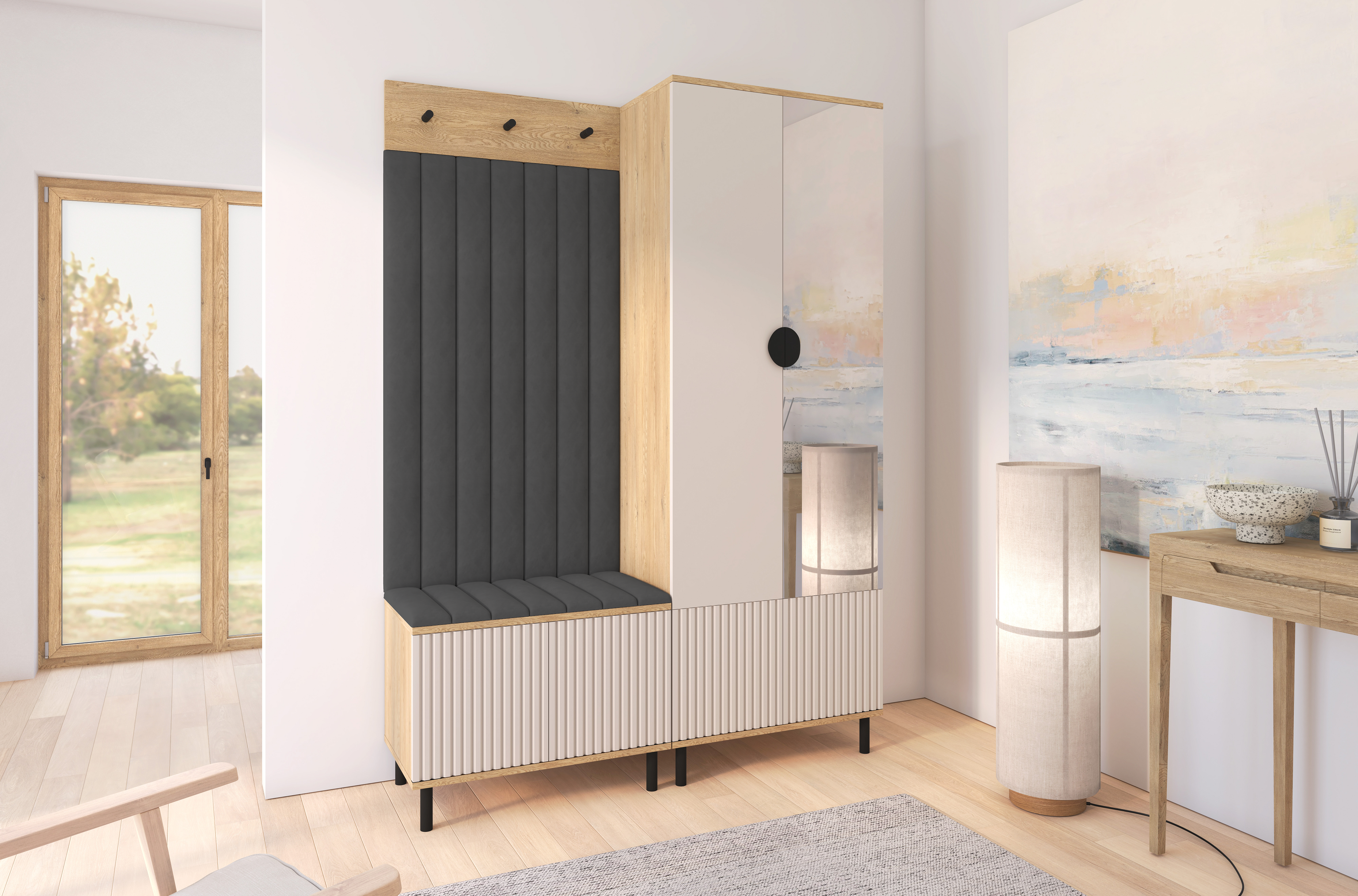 Bello Hallway Wardrobe Set 1 – Choose Leg Height, Mirror & Panel Colour | Cashmere & Cremona Oak