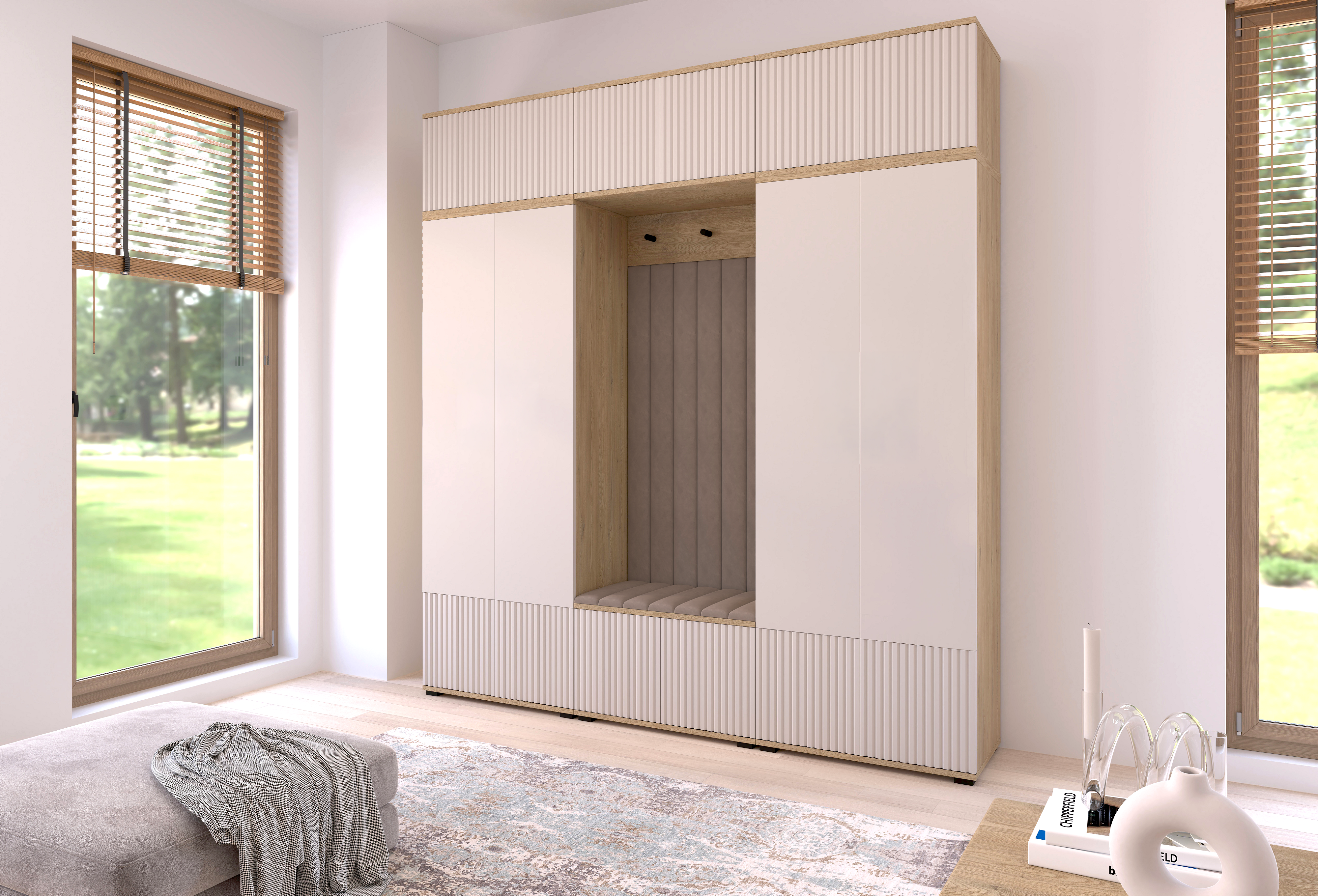Bello Hallway Wardrobe Set 3 – Choose Leg Height, Mirror & Panel Colour | Cashmere & Cremona Oak