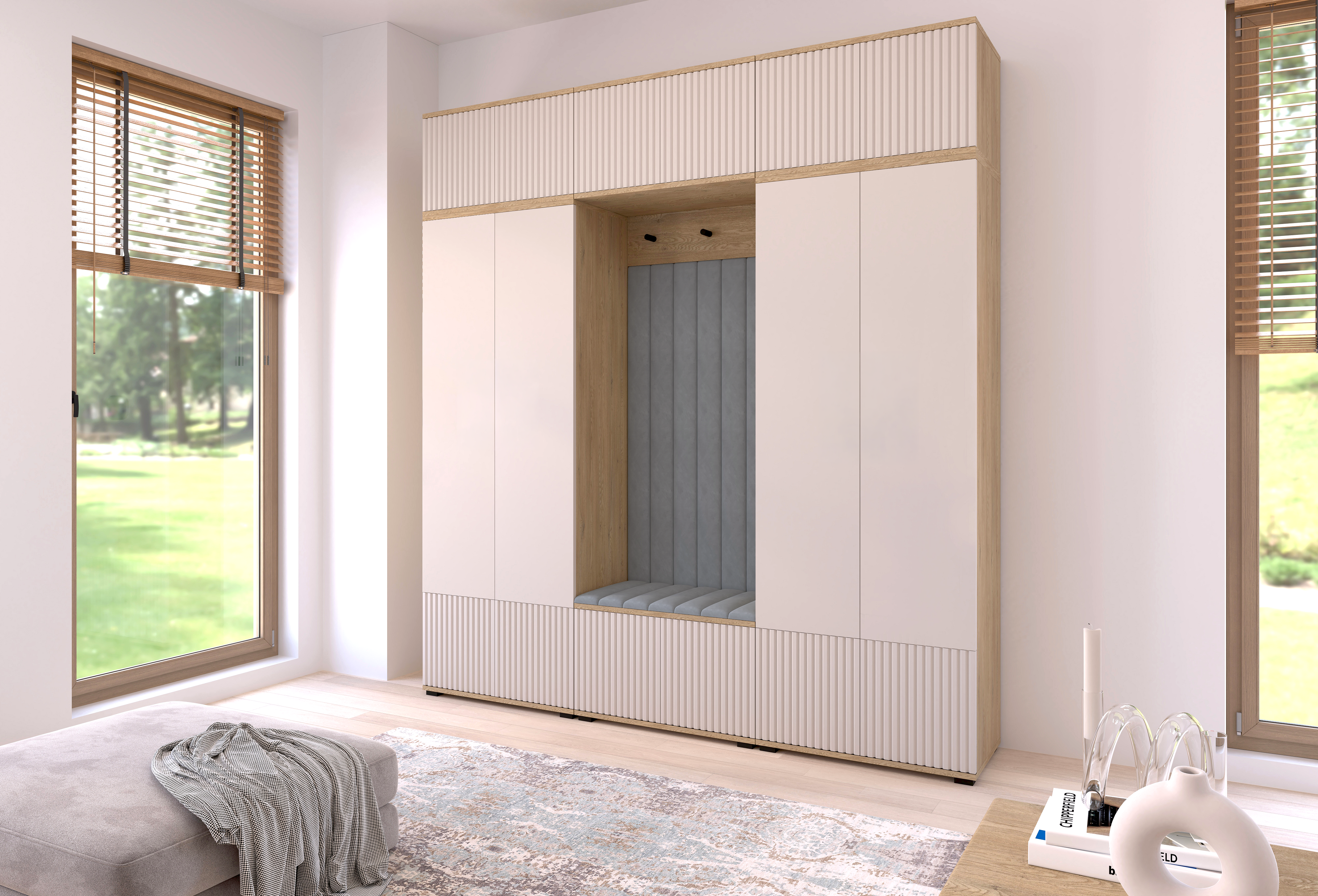 Bello Hallway Wardrobe Set 3 – Choose Leg Height, Mirror & Panel Colour | Cashmere & Cremona Oak