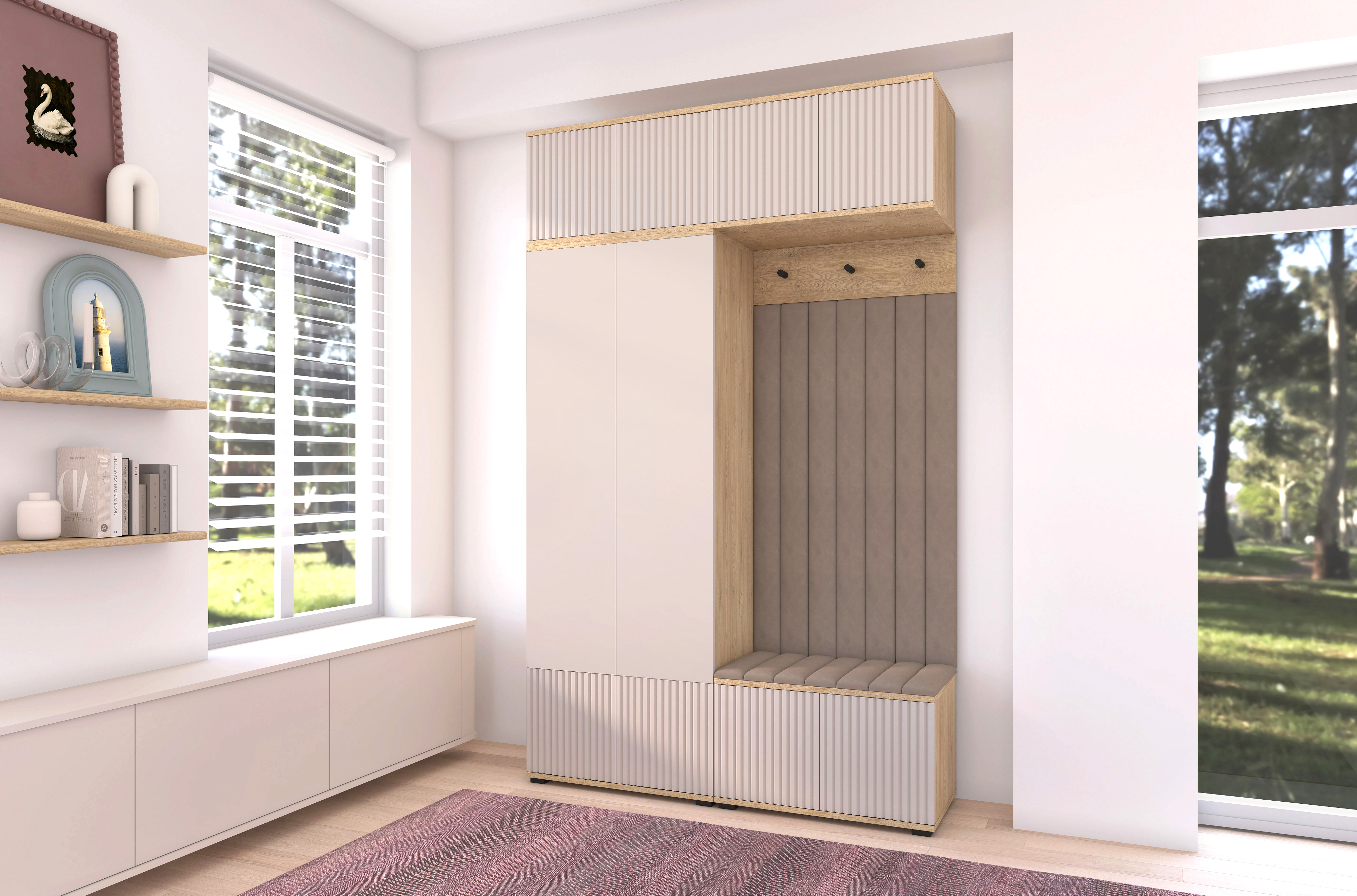 Bello Hallway Wardrobe Set 2 – Choose Leg Height, Mirror & Panel Colour | Cashmere & Cremona Oak